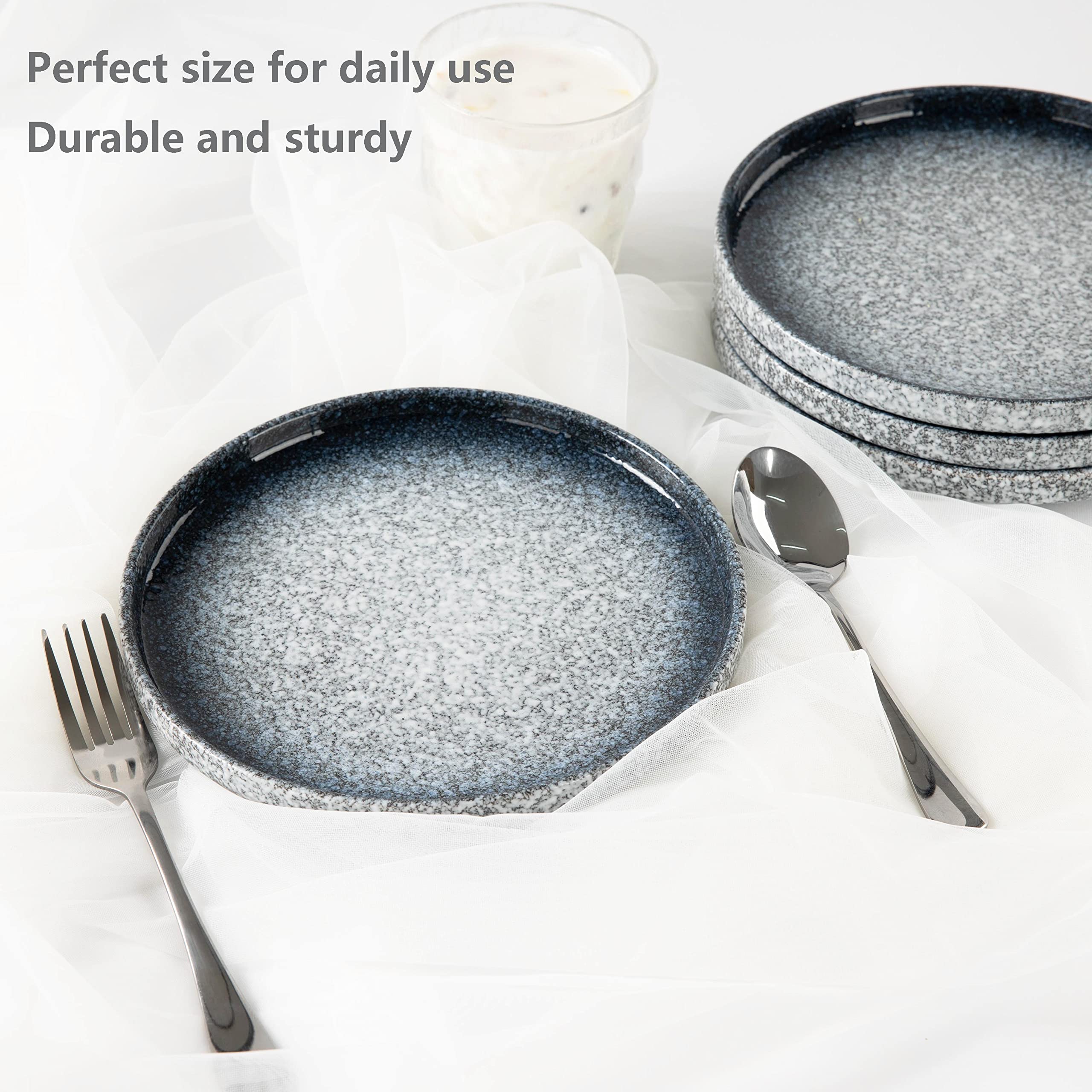 S&Q's Ceramic Flat Dessert Salad Plates - 8 Inch Set of 6, Microwave & Dishwasher Safe, Scratch Resistant Dark Blue Plates for Appetizers, Small Dinners, Parties & Home Decor
