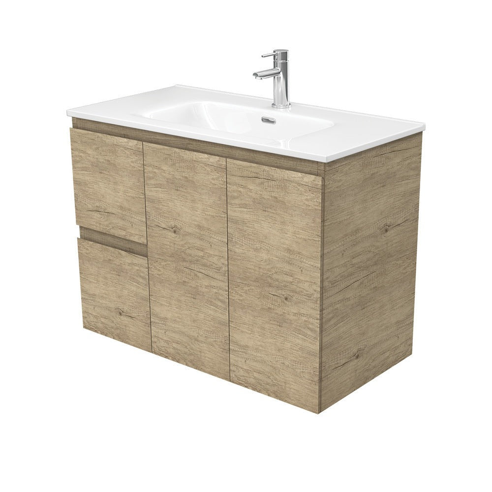Fienza JOL90SL 900mm Wall Mounted Bathroom Vanity with Left Drawers - Scandinavian Oak Finish - Modern Space Saving Design for Small Bathrooms & Powder Rooms