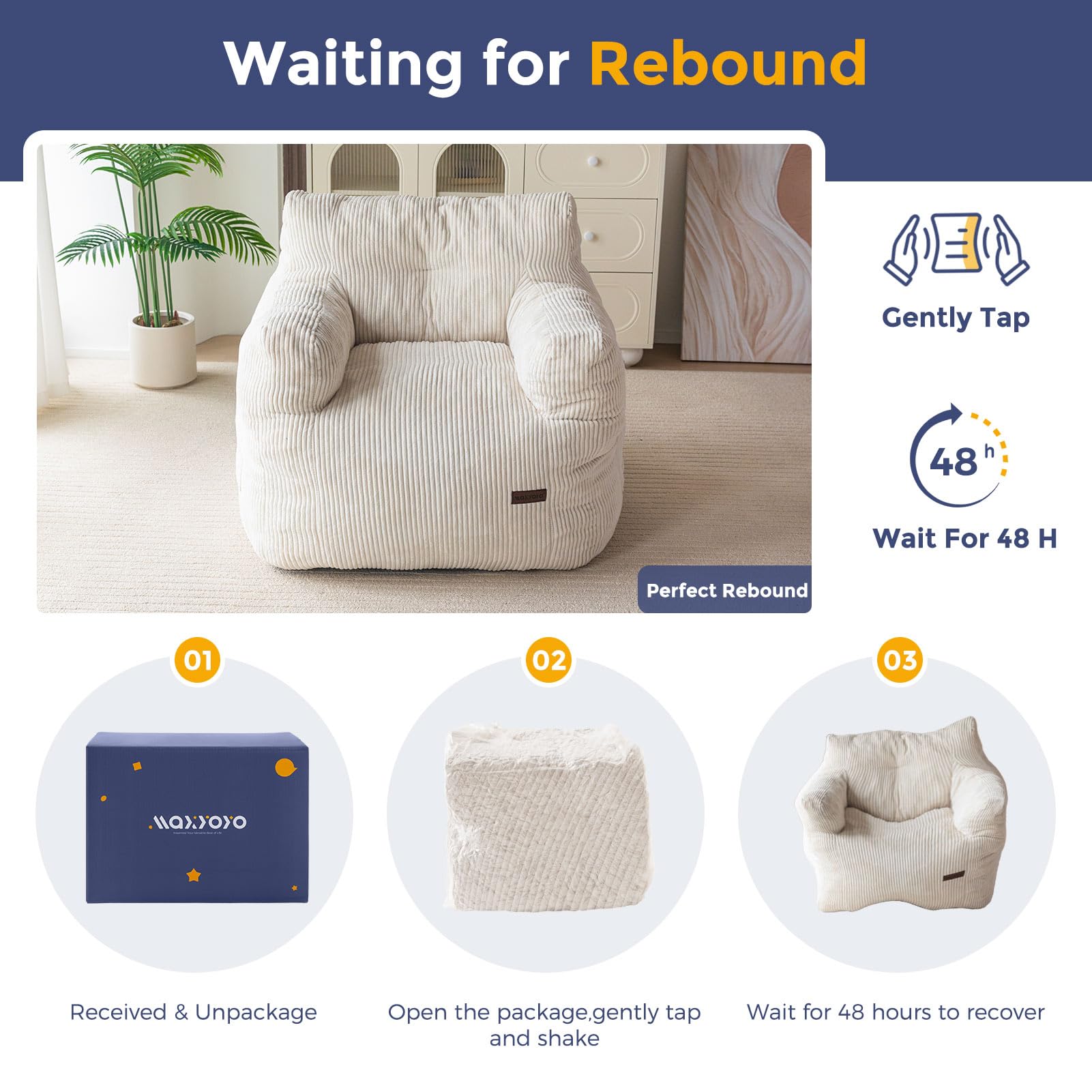 MAXYOYO Tufted Corduroy Bean Bag Chair with Filler - Comfortable Lazy Couch for Adults & Teens in Beige | Perfect for Living Room, Bedroom & Dorm Relaxation