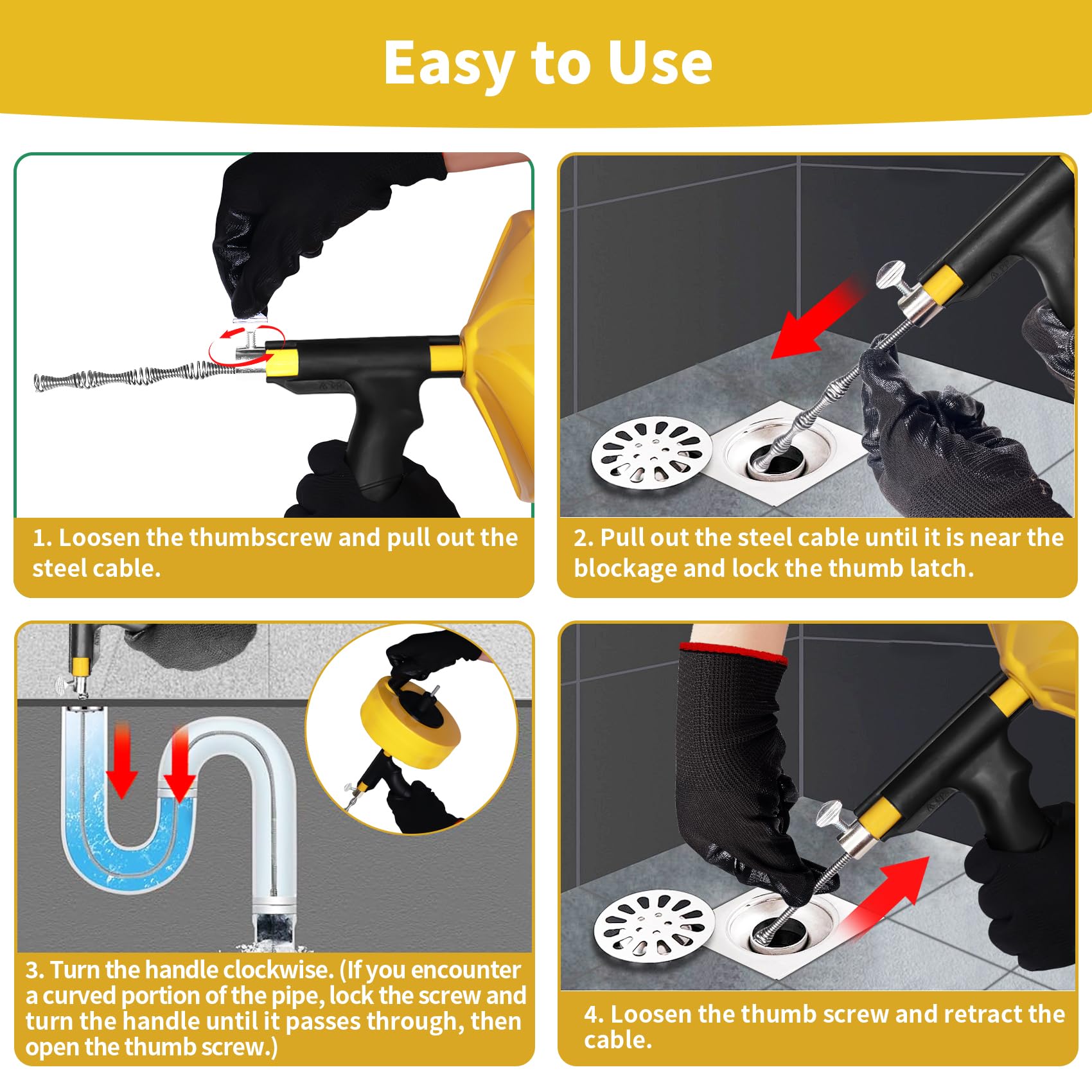50 Ft Drain Snake Clog Remover - Heavy Duty Plumbing Snake for Sink & Shower Drain with Drill Attachment - Manual or Power Use - Includes Gloves & Storage Bag (1/4 Inch, Yellow) - Perfect for Kitchen Sink, Bathroom Drain & Tub Clog Removal