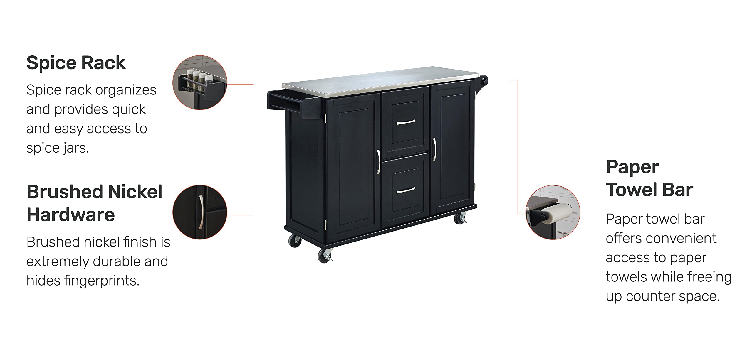 Homestyles Patriot Kitchen Cart in Black - Rolling Kitchen Island with Storage for Small Spaces, Perfect for Apartments, Dorms & Home Organization