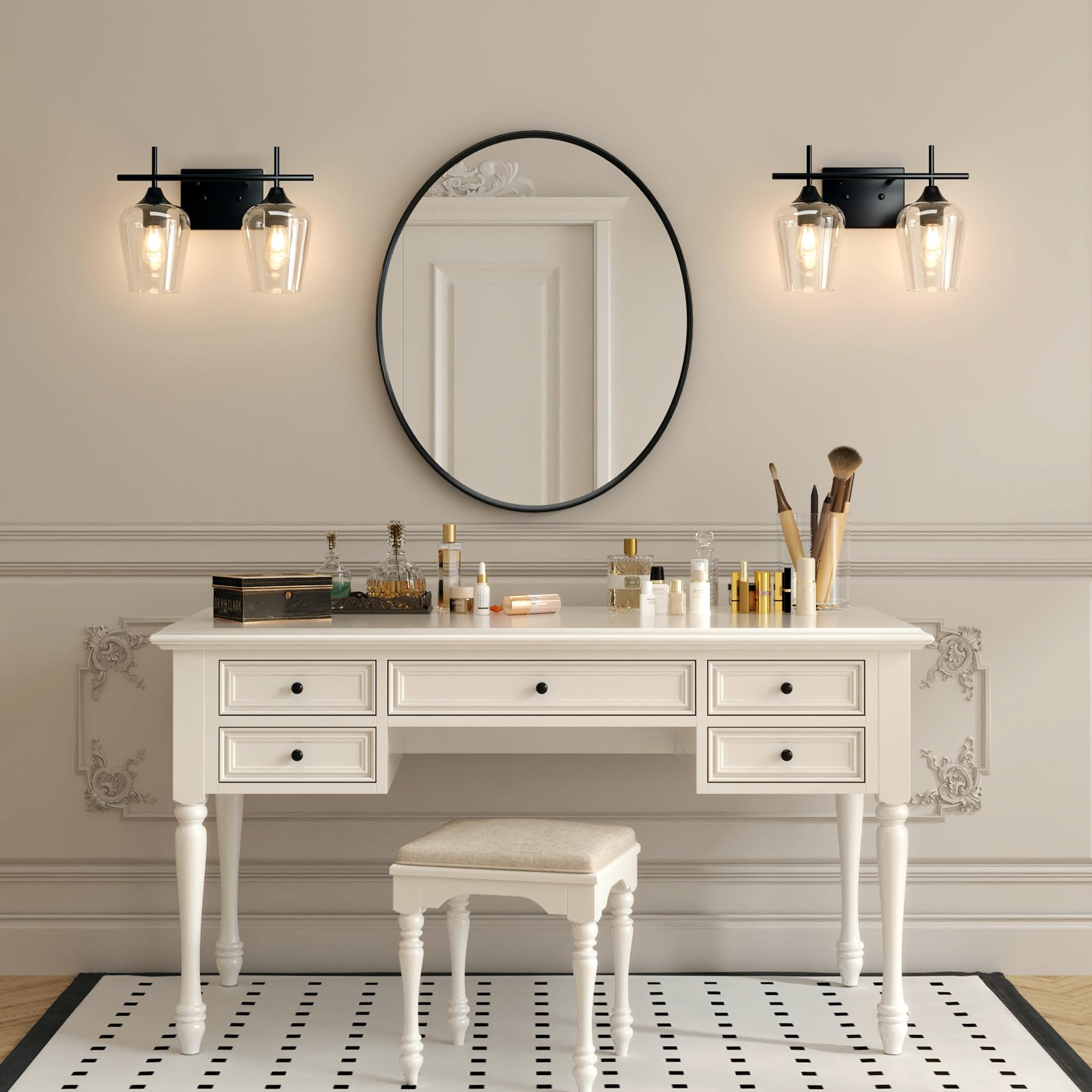 VONLUCE Modern Black Bathroom Vanity Light - 2 Light Fixture with Clear Glass for Mirror Lighting | Wall Sconce for Bathroom, Bedroom & Hallway | Perfect for Makeup Vanity, Dressing Room & Spa-Style Decor
