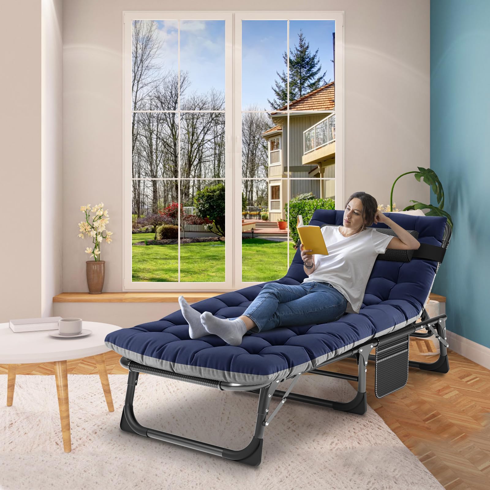 ABORON 5-Position Adjustable Folding Camping Cot for Adults - Portable Sleeping Cot, Outdoor Lounge Chair with Pillow - Perfect for Beach, Poolside, Lawn, Camping & Sunbathing - Heavy Duty Reclining Chaise Lounge for Backyard, Patio & Travel