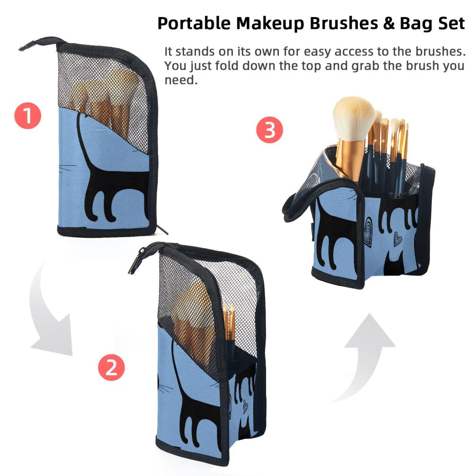 Premium 12-Piece Makeup Brush Organizer Bag with Black Cat & Heart Design - Portable Travel Cosmetic Brush Holder Case for Professional Artists & Beginners - Perfect for Home, Travel & Salon Use