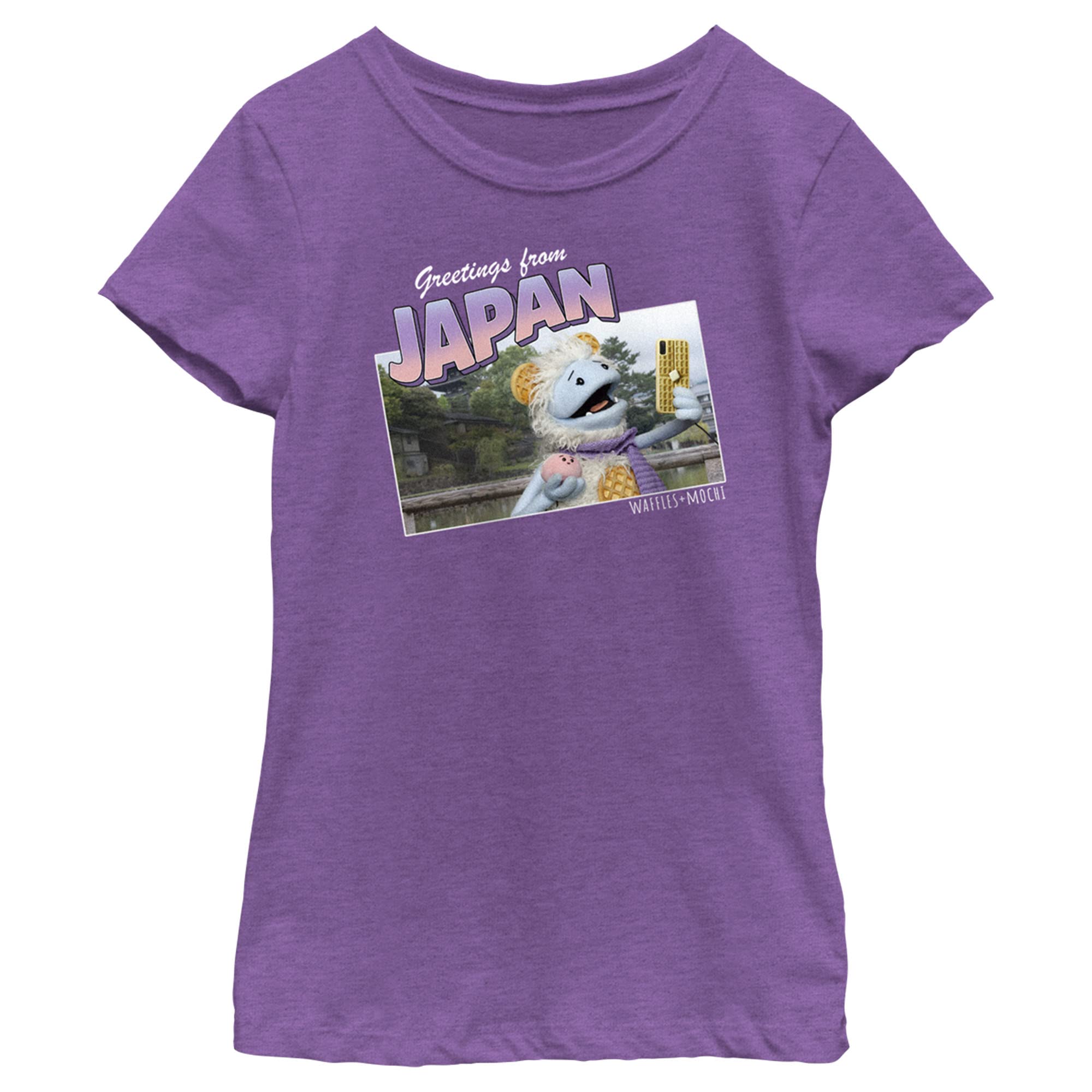 Waffles + Mochi Greetings from Japan Graphic Short Sleeve T-Shirt for Women | Anime Kawaii Japanese Style Casual Top | Perfect for Cosplay, Anime Conventions & Streetwear Fashion