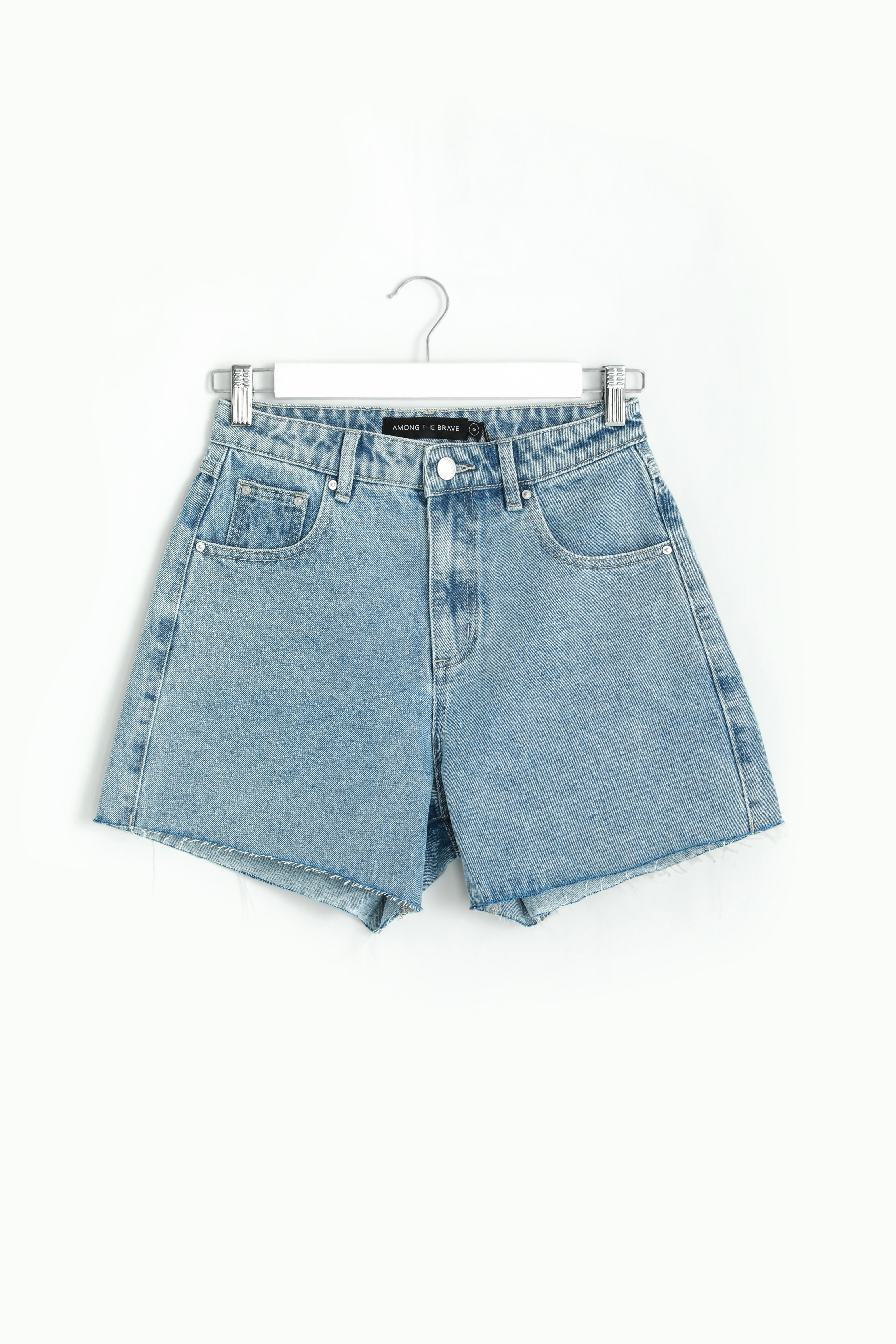 Haze Mid Blue Denim Shorts for Women - High Waisted Distressed Denim Shorts with Raw Hem - Perfect for Summer Outfits, Beach Vacations and Casual Street Style