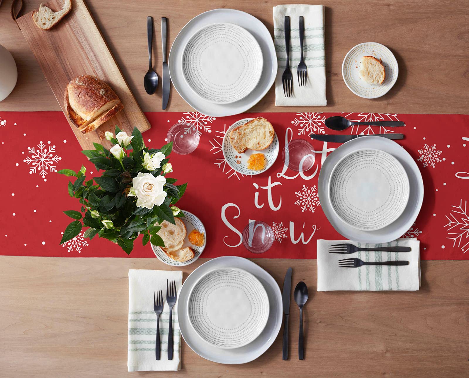 72 Inch Christmas Table Runner - Cotton Linen Holiday Dining Table Decor with Red Snowflake Design, Let It Snow Theme for Christmas, Rustic Xmas Table Scarf (13