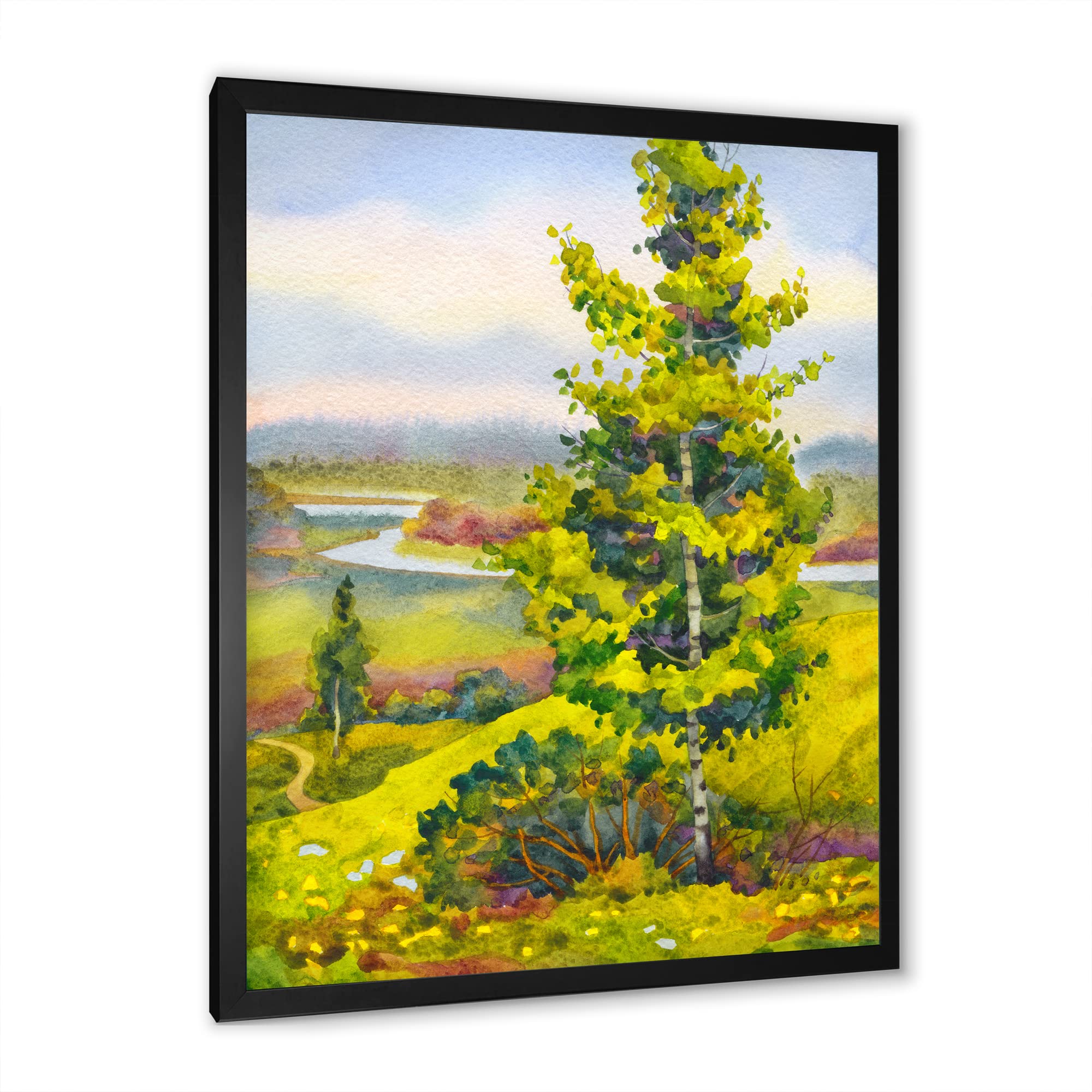 Vibrant Orange Birch Trees Wall Art - Framed Lake House Painting for Living Room, Bedroom & Office Decor | Calm Bay Landscape Canvas Print