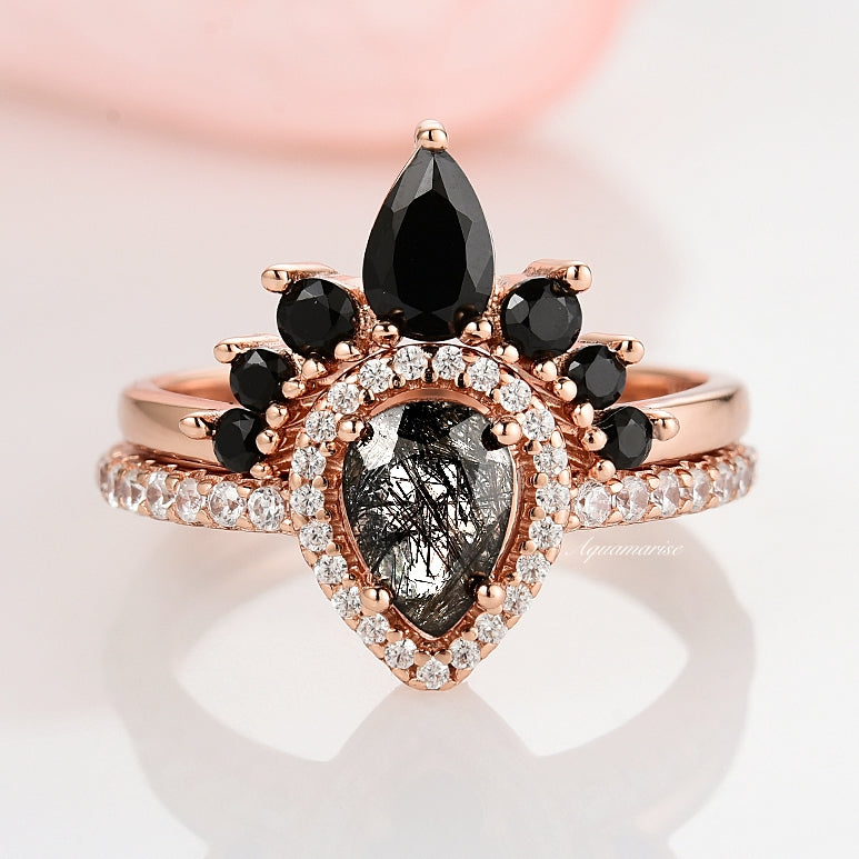 14K Rose Gold Vermeil Amy Rutilated Quartz & Black Diamond (Onyx) Ring Set - Elegant Jewelry for Women, Perfect for Weddings, Anniversaries & Special Occasions