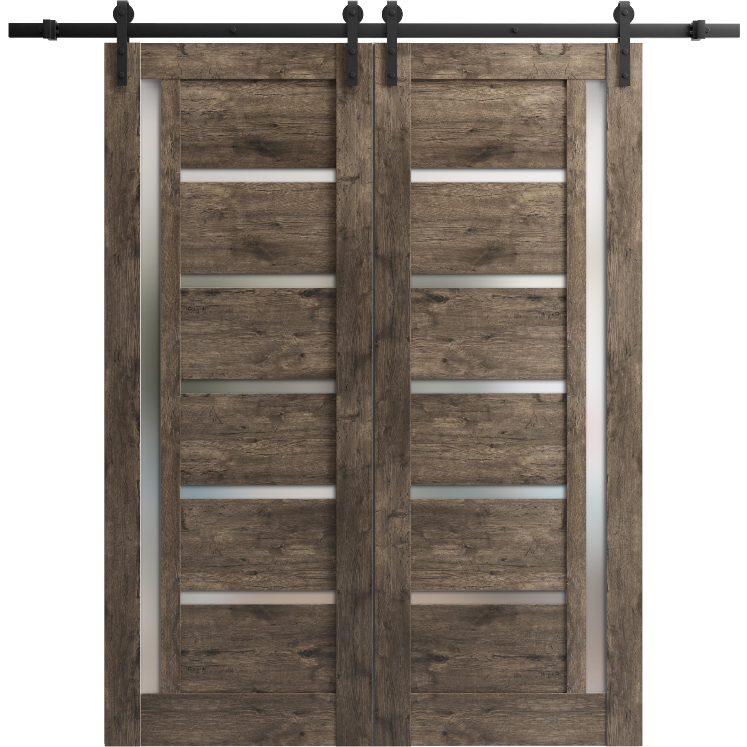 Sturdy 60x84 Inch Double Barn Door with Frosted Glass | Quadro 4088 Cognac Oak Finish | 13FT Stainless Steel Rail & Heavy Duty Hangers | Solid Panel Interior Doors for Bedroom, Closet, or Farmhouse Style Home