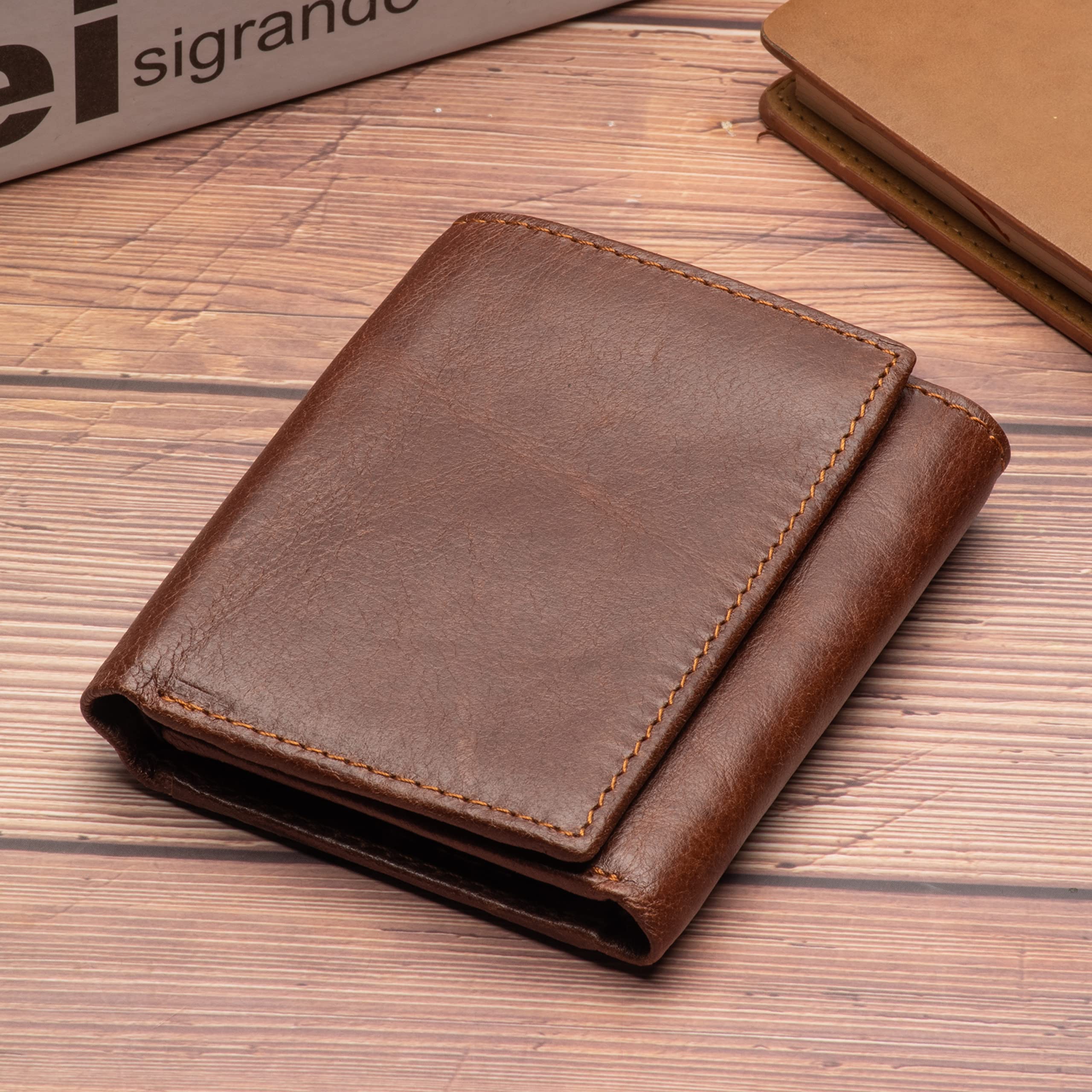 Premium KONVI Men's RFID Blocking Leather Wallet - Slim Trifold Design with ID Holder (Coffee Brown) | Ideal for Everyday Carry, Travel & Business Use