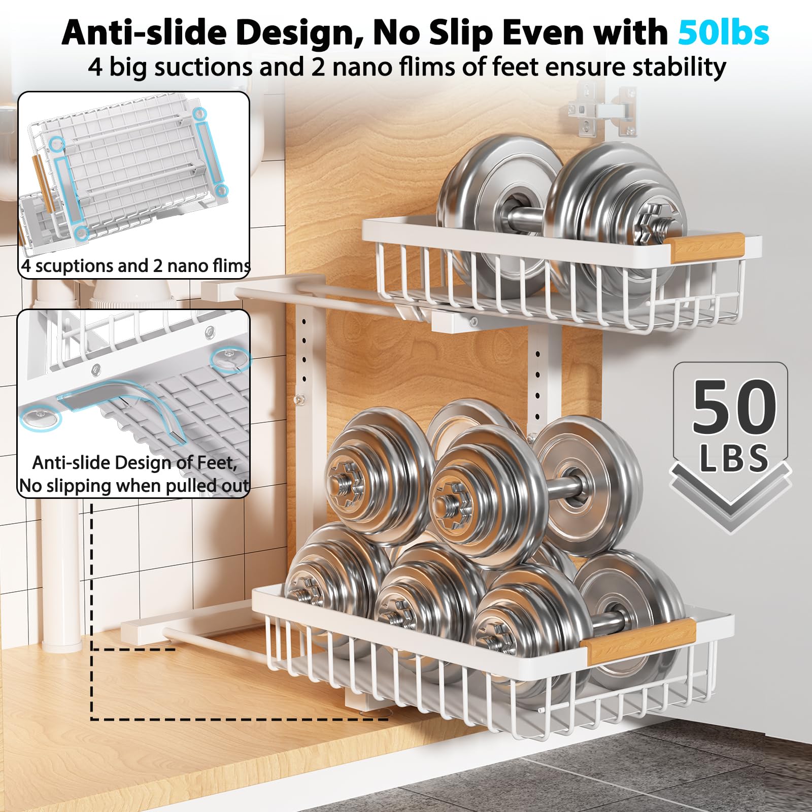 2-Pack Under Sink Organizer with Slide-Out Shelves | Adjustable Height Pull-Out Cabinet Drawers | White Metal Storage Shelf for Kitchen & Bathroom | Perfect for Maximizing Under-Sink Space & Organizing Cleaning Supplies