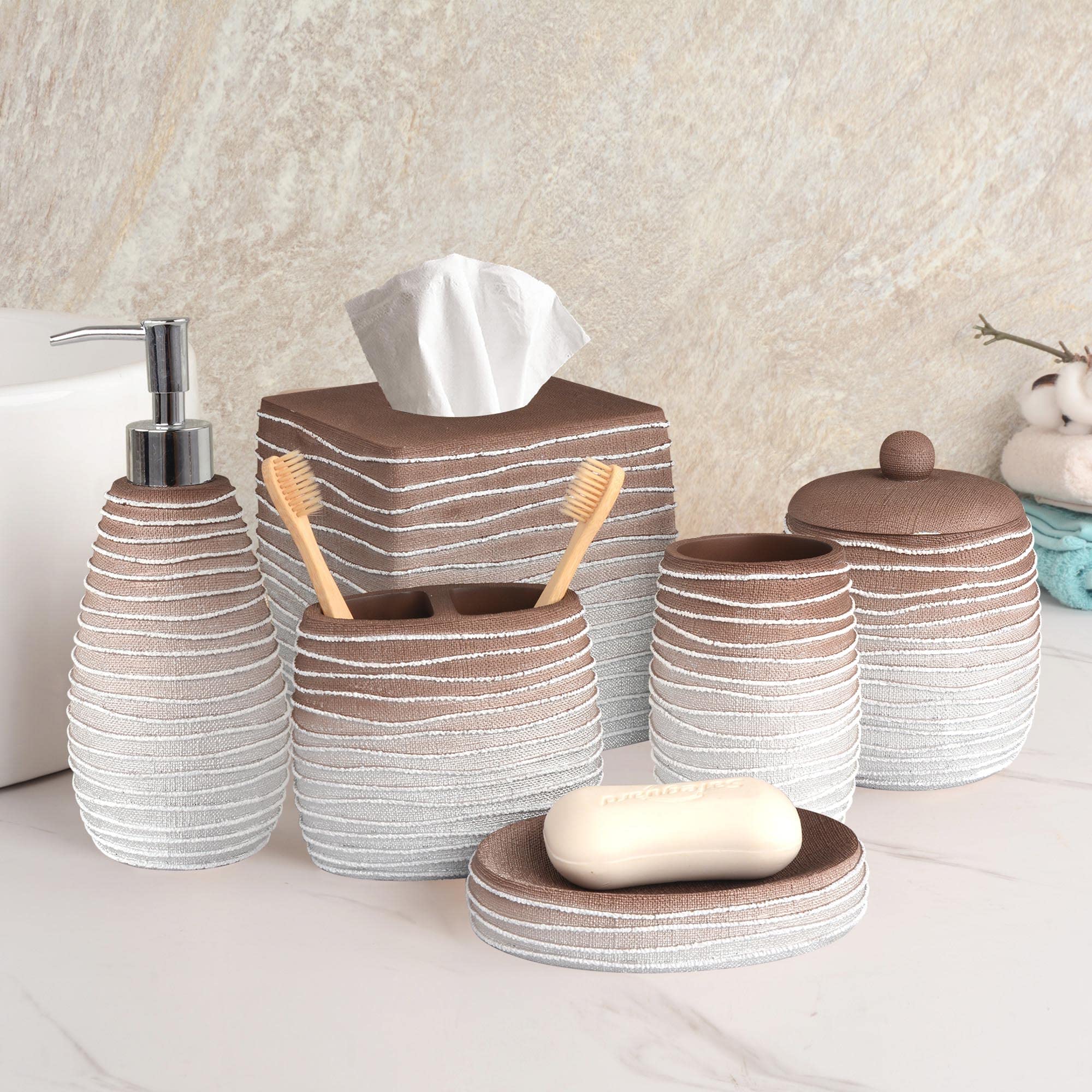Decozen 6-Piece Modern Bathroom Accessories Set - Soap Dispenser, Countertop Essentials for Home Decor - Perfect Mother's Day & Birthday Gifts (White & Brown) - Ideal for Spa-Like Bathroom Upgrade & Housewarming Present