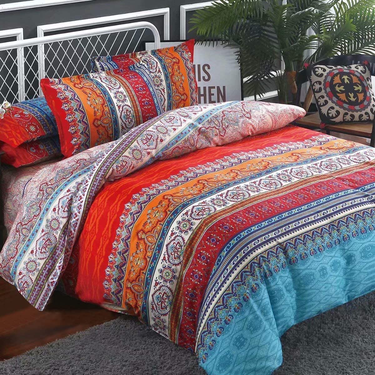 Shatex King Size Comforter Set - 103x90 Inch 3-Piece All Season Bedding with Ultra Soft Polyester Fabric - Bohemian Western Pattern in Orange - Perfect for King/Cal King Beds - Ideal for Cozy Bedrooms, Guest Rooms & Boho Chic Home Decor
