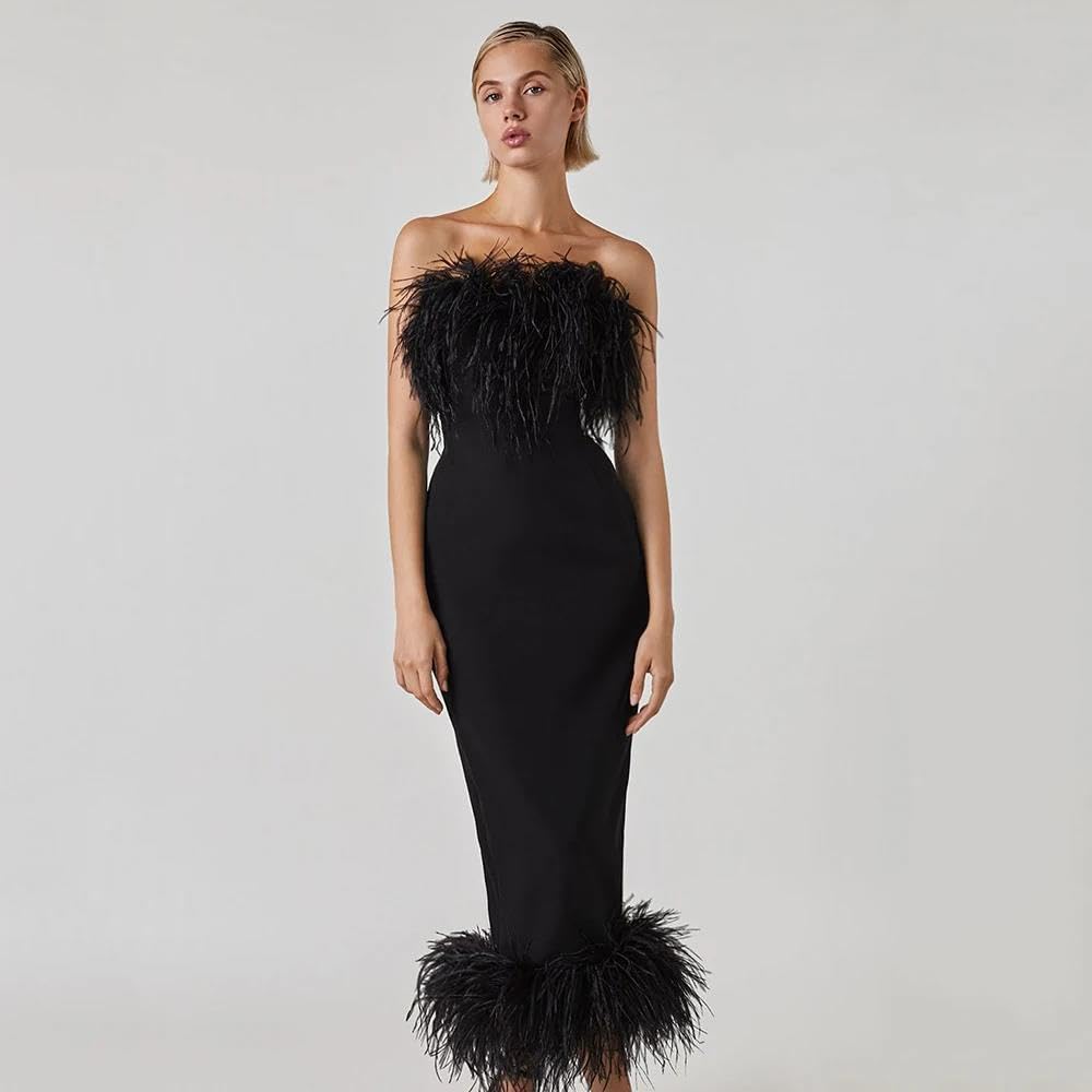 Elegant Women's Bandage Dress with Feathers - Sexy Strapless Club Party Long Dress for Evening Events, Night Out & Special Occasions