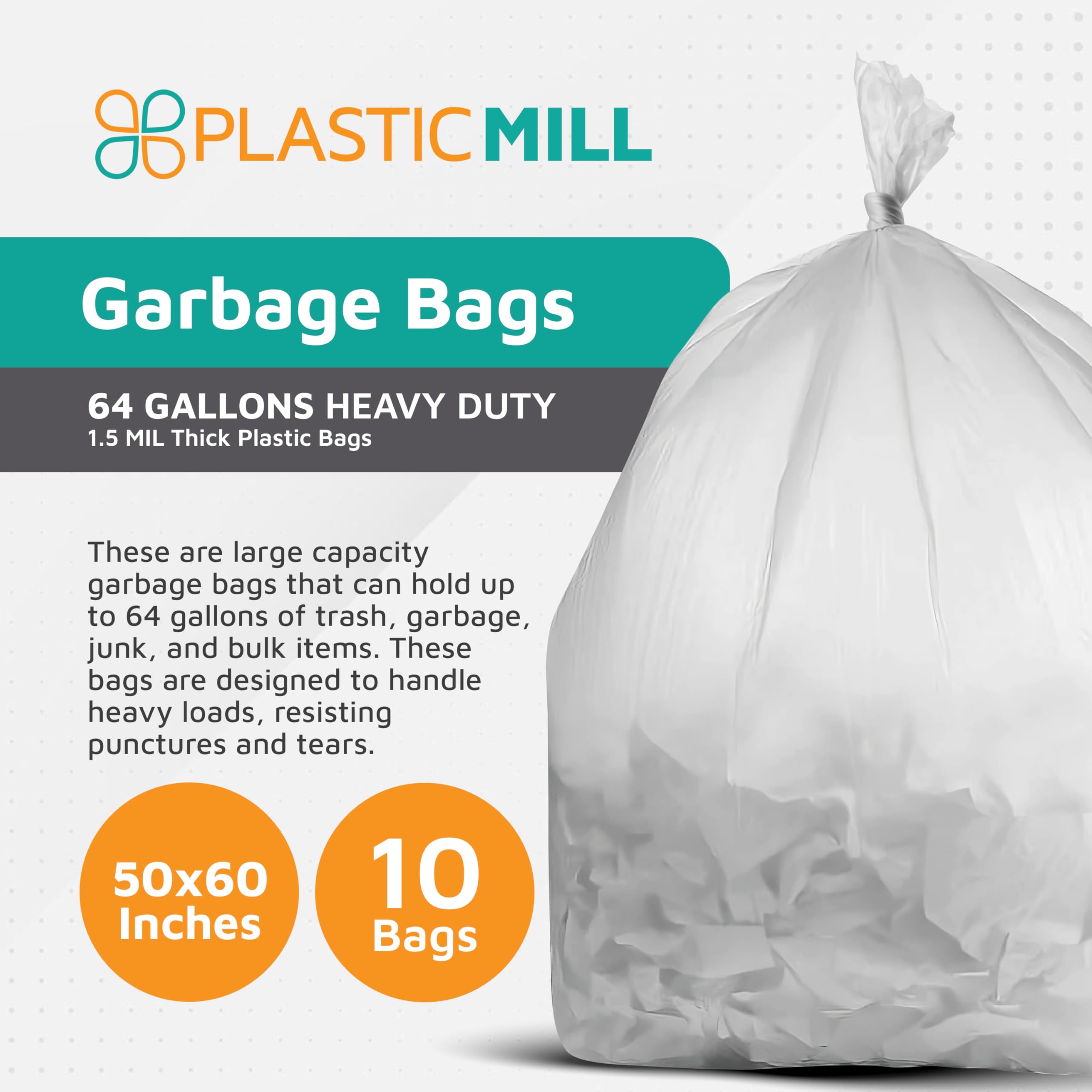 **PlasticMill Heavy Duty 64-Gallon Clear Trash Bags - 1.5 Mil Thick, 50