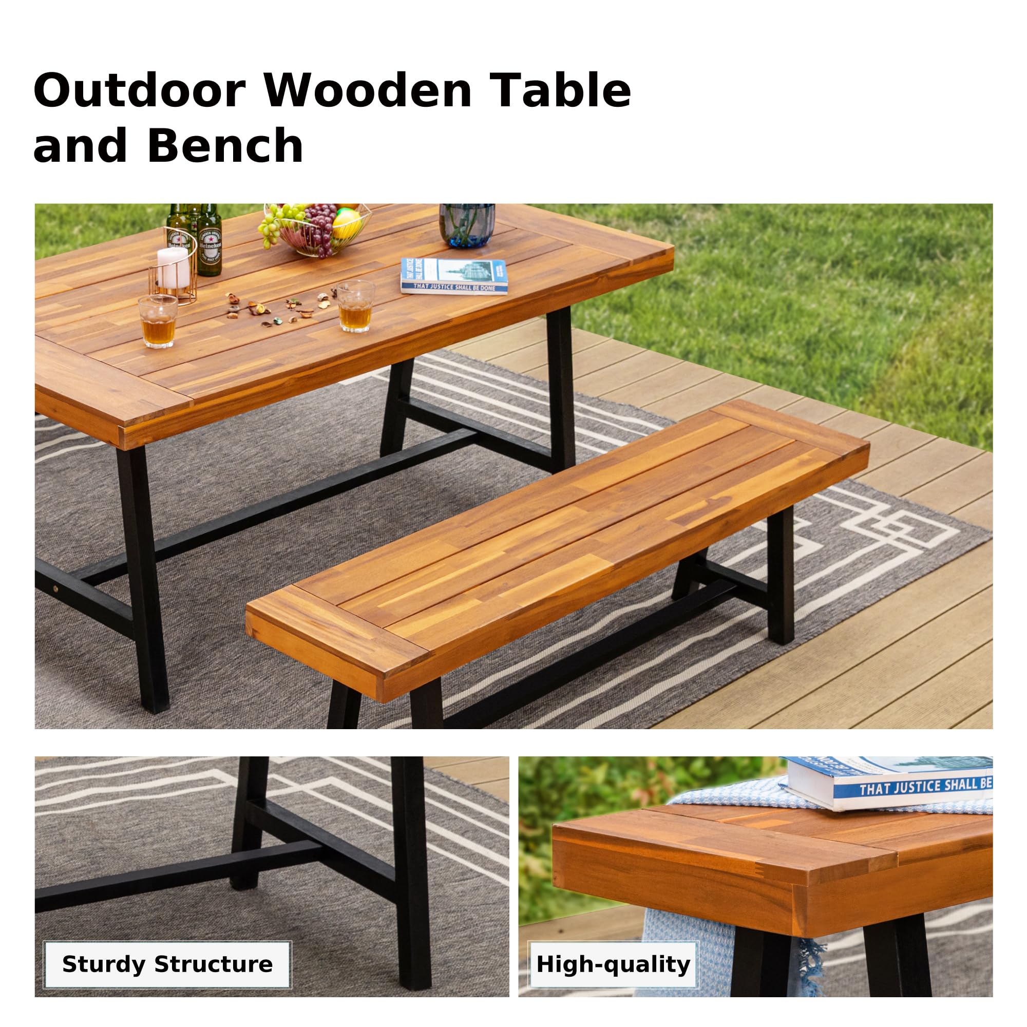 MFSTUDIO 6-Piece Acacia Wood Wicker Patio Dining Set with Table, 4 Chairs & Bench - Outdoor Furniture for Garden, Backyard, Poolside - Weather-Resistant Dining Table & Chairs for Entertaining