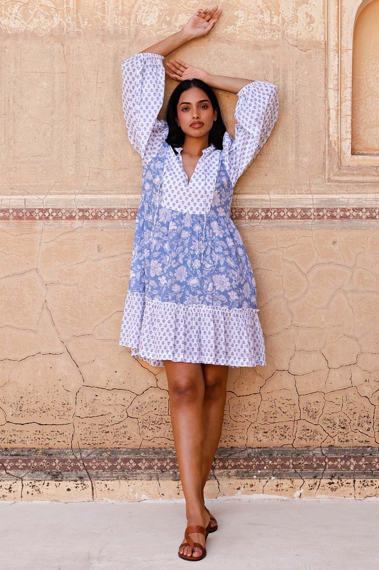 Marina Organic Cotton Print Mix Dress - Blossom Print Blue & White | Floral Summer Dress for Women, Casual & Beach Wear