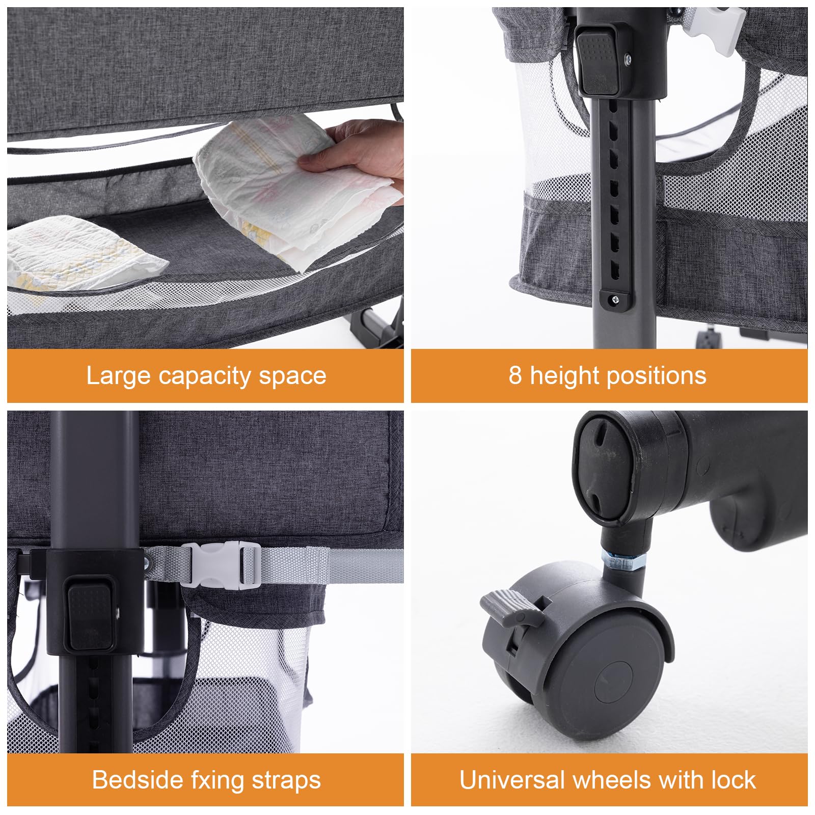 3-in-1 Adjustable Portable Baby Crib & Bassinet - Convertible Bedside Sleeper for Newborns & Infants (Grey) | Nursery, Travel & Co-Sleeping Essential