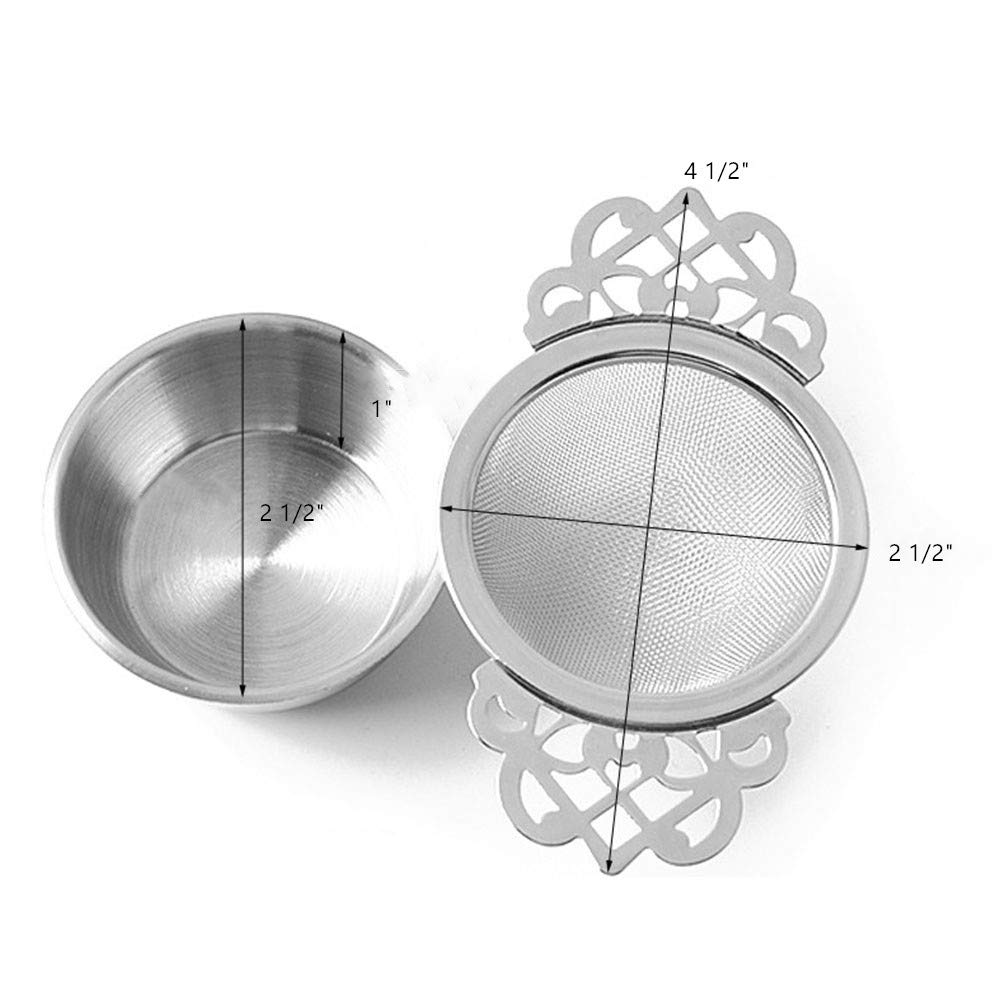 2 Pack Stainless Steel Loose Leaf Tea Strainers with Drip Bowls - Double Winged Handles & Fine Mesh Infuser - Perfect for Herbal Tea, Iced Tea & Tea Parties (Silver)