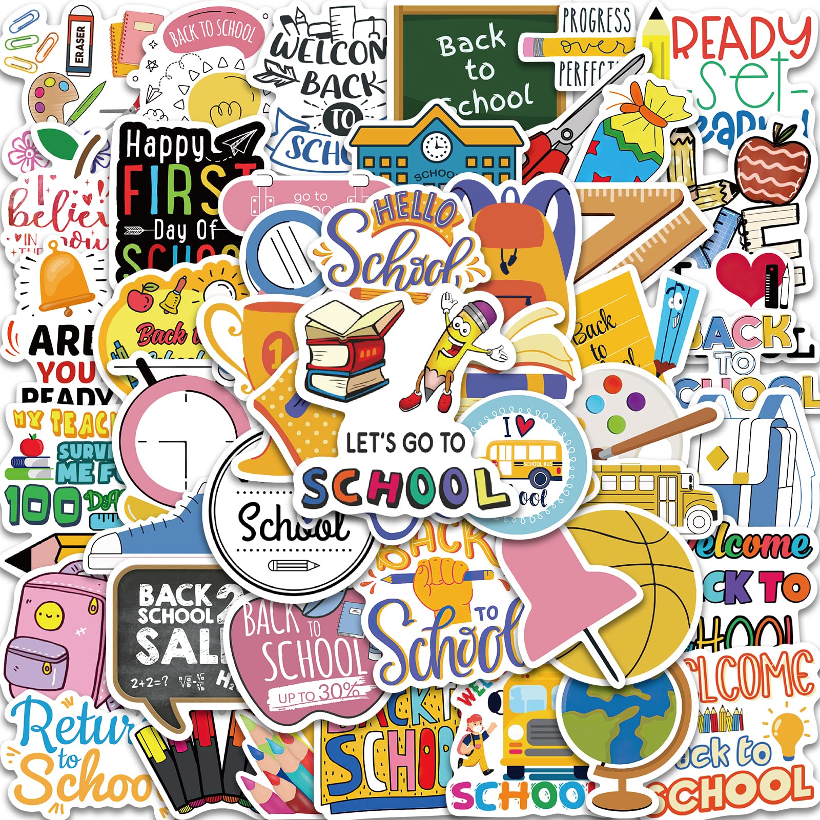 50Pcs Back to School Stickers for Kids - Waterproof Vinyl Student Stickers for Water Bottles, Laptops, Notebooks & School Supplies - Perfect for Classroom, Scrapbooking, Journals & Pencil Cases (Fun Learning & Organization)