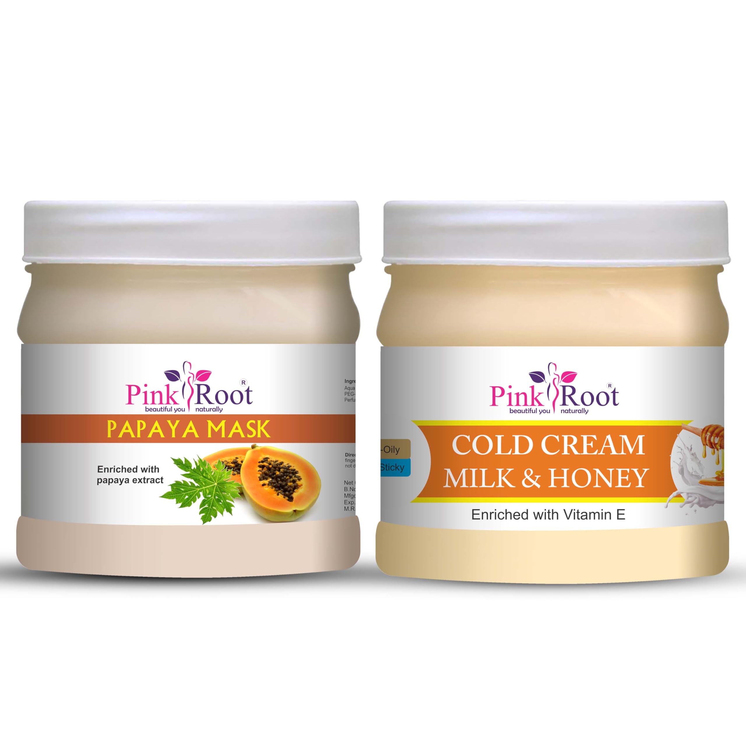 Pink Root Milk & Honey Cold Cream 500ml with Papaya Mask 500ML - Hydrating Moisturizer for Dry Skin, Natural Skincare Set for Face & Body Care - Perfect for Night Routine & Spa Treatment