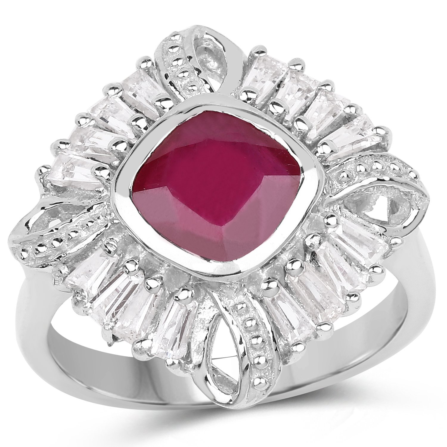 2.66 Carat Glass Filled Ruby & White Topaz Sterling Silver Ring for Women | Elegant 925 Silver Jewelry Gift for Anniversary, Engagement & Special Occasions