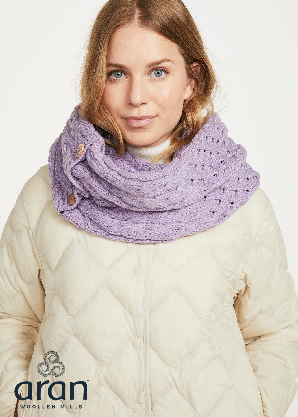 Aran Buttoned Snood Scarf - Soft Lavender Wool Neck Warmer for Women | Winter Fashion Accessory for Outdoor Activities & Casual Wear