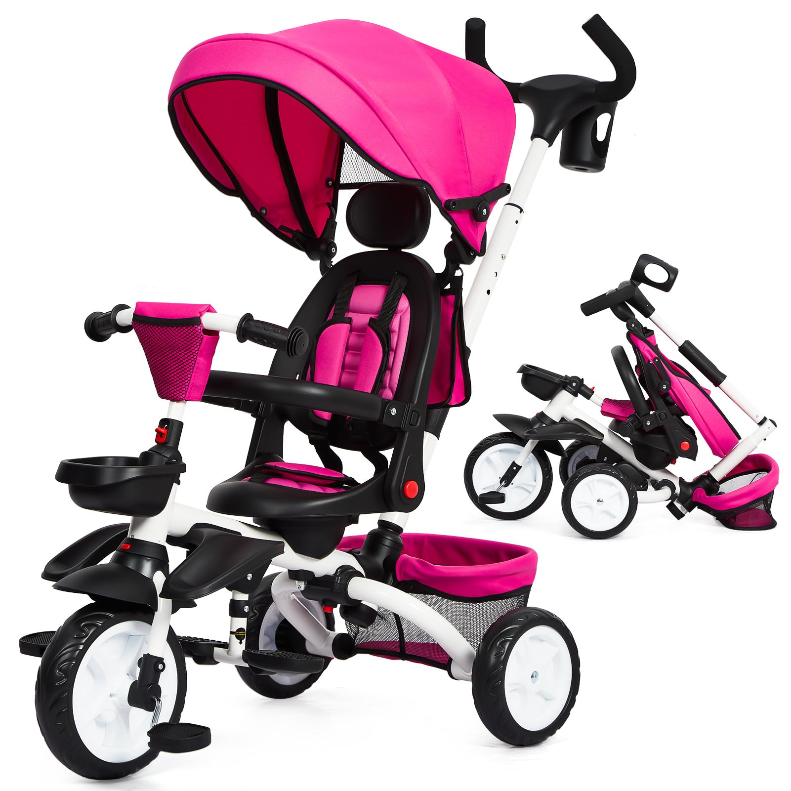 GAOMON 7-in-1 Foldable Baby Tricycle with Adjustable Push Handle, Canopy & Safety Harness - Convertible Toddler Bike with Rotatable Seat, Cup Holder & Storage - Perfect Trike for 1-5 Year Old Kids - Ideal for Park Rides, Outdoor Play & Learning to Ride