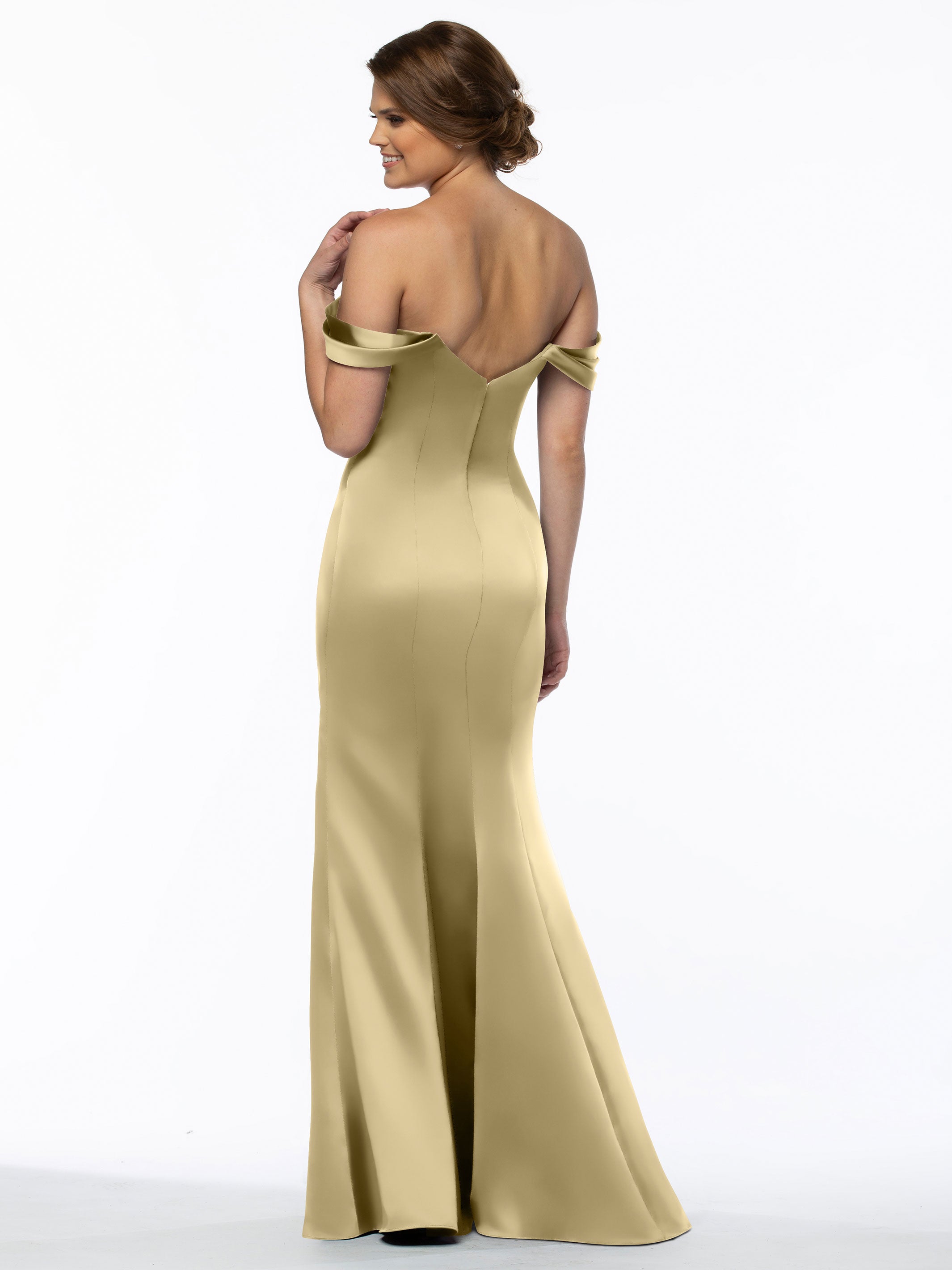 Elegant 80151 Fitted Satin Bridesmaid Dress with Off-The-Shoulder Sleeves - Perfect for Weddings, Formal Events & Special Occasions