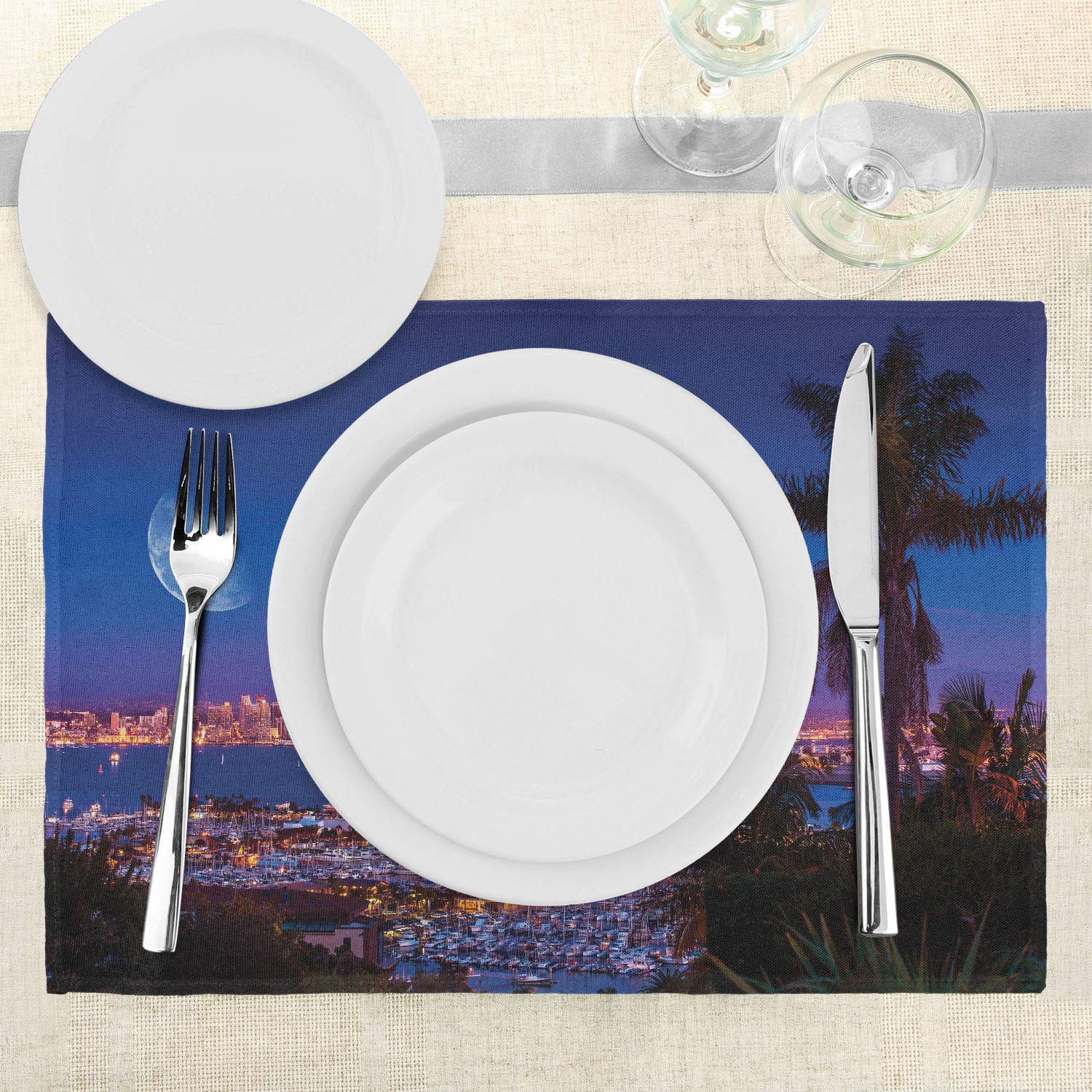 Lunarable USA Washable Fabric Place Mats Set of 4 - San Diego California Night Panorama with Moon & Yachts - Navy Blue Pink Brown Dining Table Decor for Kitchen & Restaurant Use