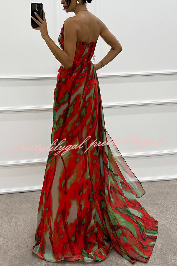 Elegant Watercolor Print Feather Rose Off-Shoulder Pleated Maxi Dress with Slit - Perfect for Summer Weddings, Beach Vacations & Boho Fashion