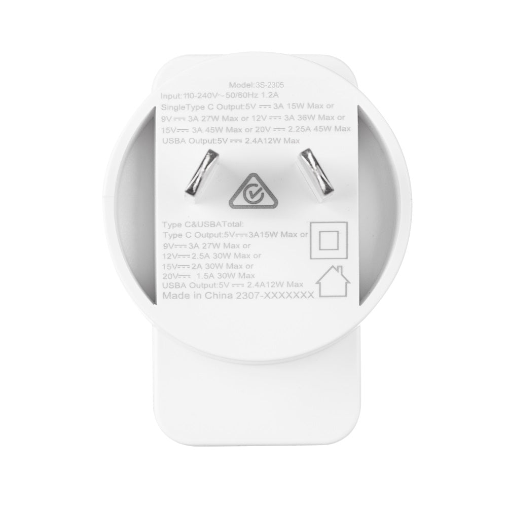 3SixT ANZ 45W USB C PD Fast Wall Charger with 2.4A Port - White | Compact Travel Charger for iPhone, Samsung, MacBook & More
