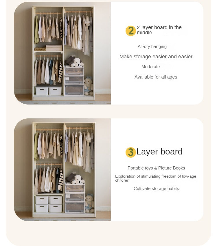 Birch Solid Wood Kids Wardrobe with Cream Sliding Doors - Durable & Stylish Storage for Bedrooms, Playrooms, and Nurseries