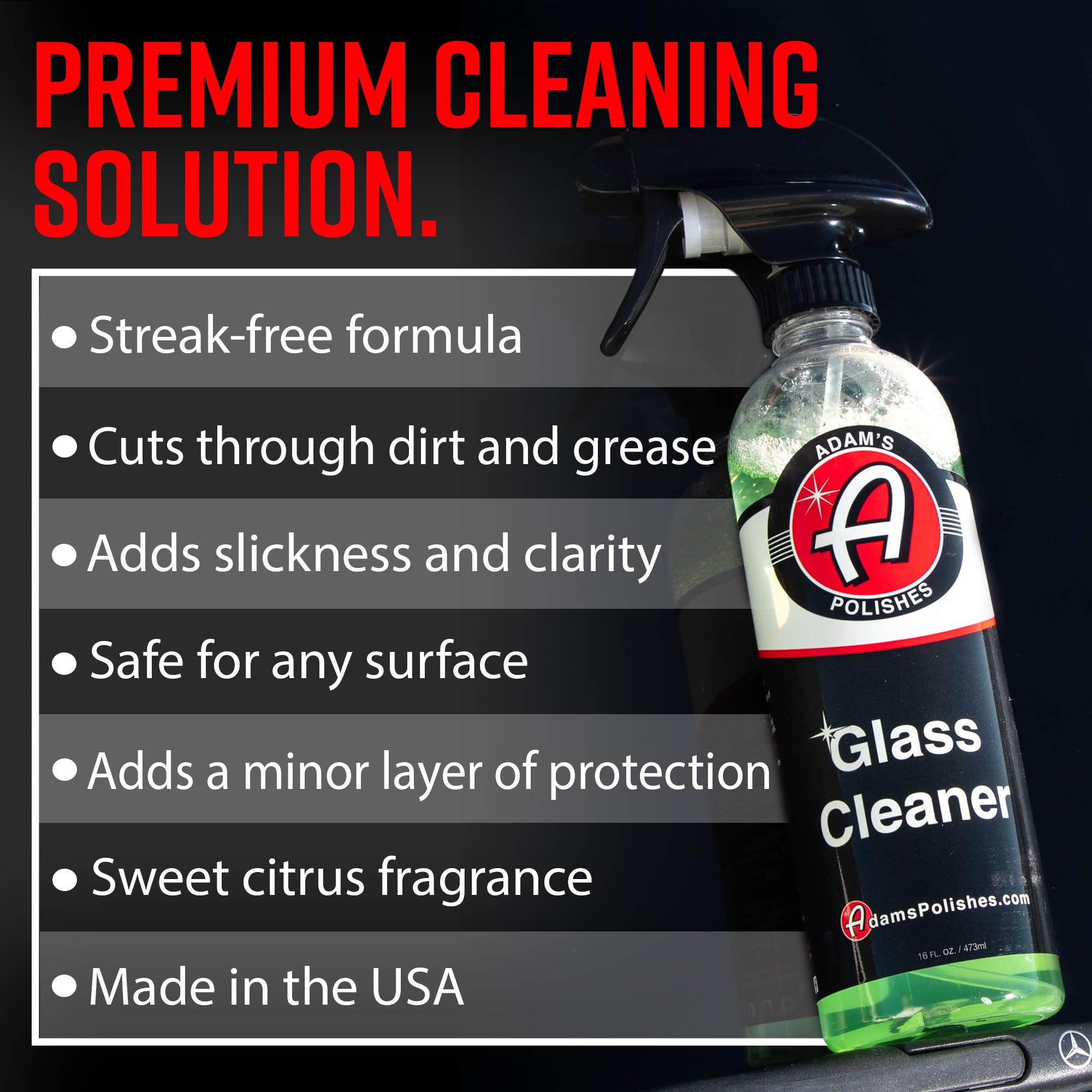Adam's Polishes Premium Glass Cleaner - All-Natural Streak-Free Formula for Car Windows, Windshields & Mirrors | Safe for Tinted & Non-Tinted Glass | Won’t Strip Wax or Paint Protection | Perfect for Car Detailing, Auto Wash & Home Glass Cleaning