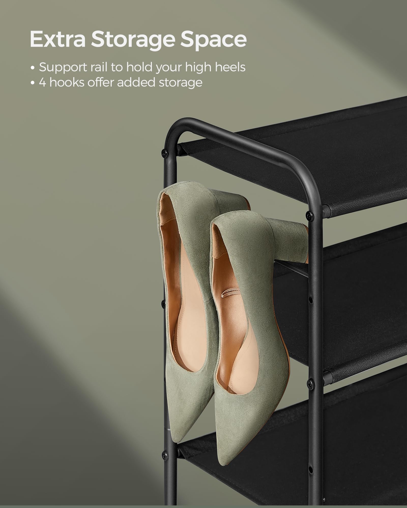 SONGMICS 2-Tier Fabric Shoe Rack Organizer with 4 Hooks - Holds 12 Pairs of Shoes, Adjustable Height for Entryway, Hallway & Closet - Easy Assembly, Space-Saving Shoe Storage Solution in Black - Perfect for Small Apartments & Mudroom Organization
