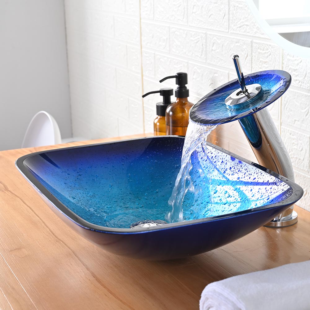 TheLAShop Modern Blue Glass Vessel Sink with Waterfall Faucet Set - 20x15 Inch Bathroom Vanity Sink for Contemporary Home Decor & Spa-Like Retreat