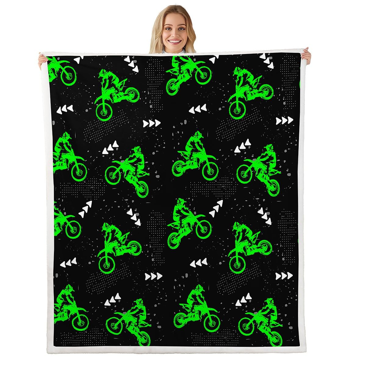 Feelyou Boys Dirt Bike Fleece Throw Blanket - Cool Sports Sherpa Blanket for Kids & Motocross Riders - Plush Fluorescent Green Fuzzy Blanket (Queen 90x90 Inches) - Perfect for Sofa, Bed & Couch - Great Gift for Boys & Motocross Enthusiasts