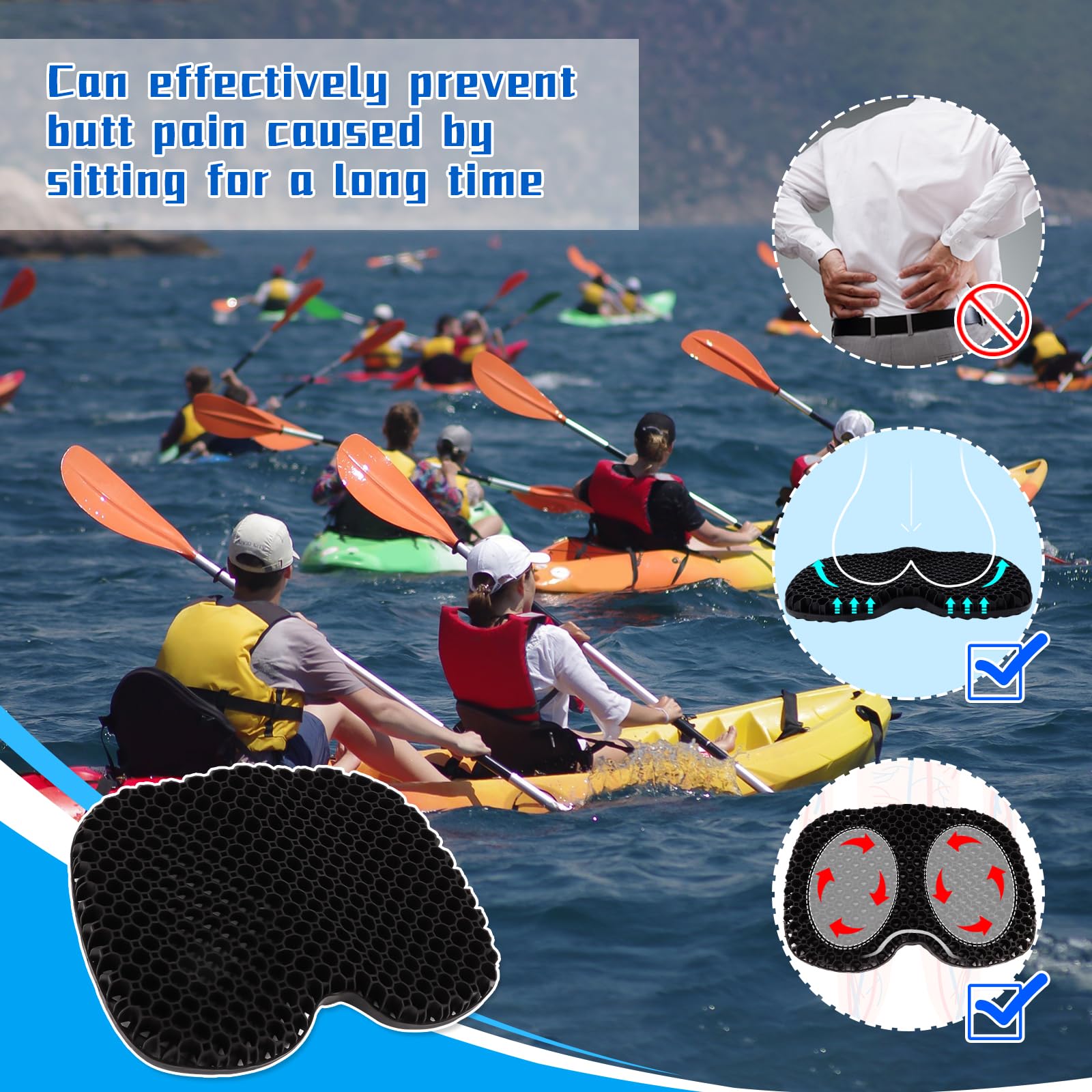 Non-Slip Kayak Seat Cushion - Waterproof Thick Gel Kayak Seat Pad with Anti-Skid Cover for Sit-In & Inflatable Kayaks, Canoes, Boats - Perfect for Fishing, Paddling and Water Sports Comfort