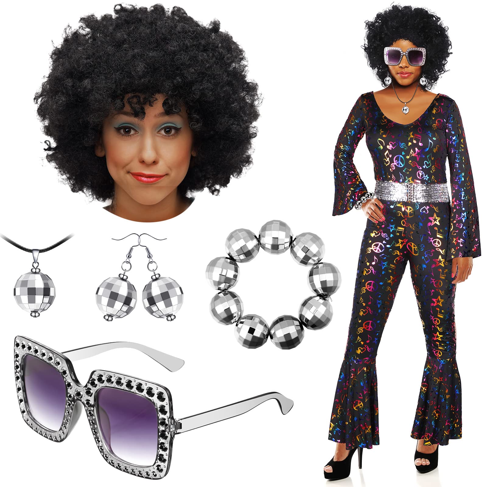 70s Disco Costume Set for Women - 6 Piece Vintage Party Outfit with Afro Wig, Ball Earrings, Necklace, Bracelet & Sunglasses | Perfect for Halloween, Themed Parties, Dance Performances and 70s Retro Events