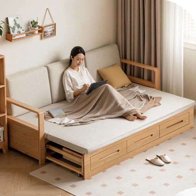 Oak Solid Wood Folding Storage Sofa Bed - Convertible Guest Bed & Space-Saving Furniture for Small Apartments, Living Rooms & Dorm Rooms