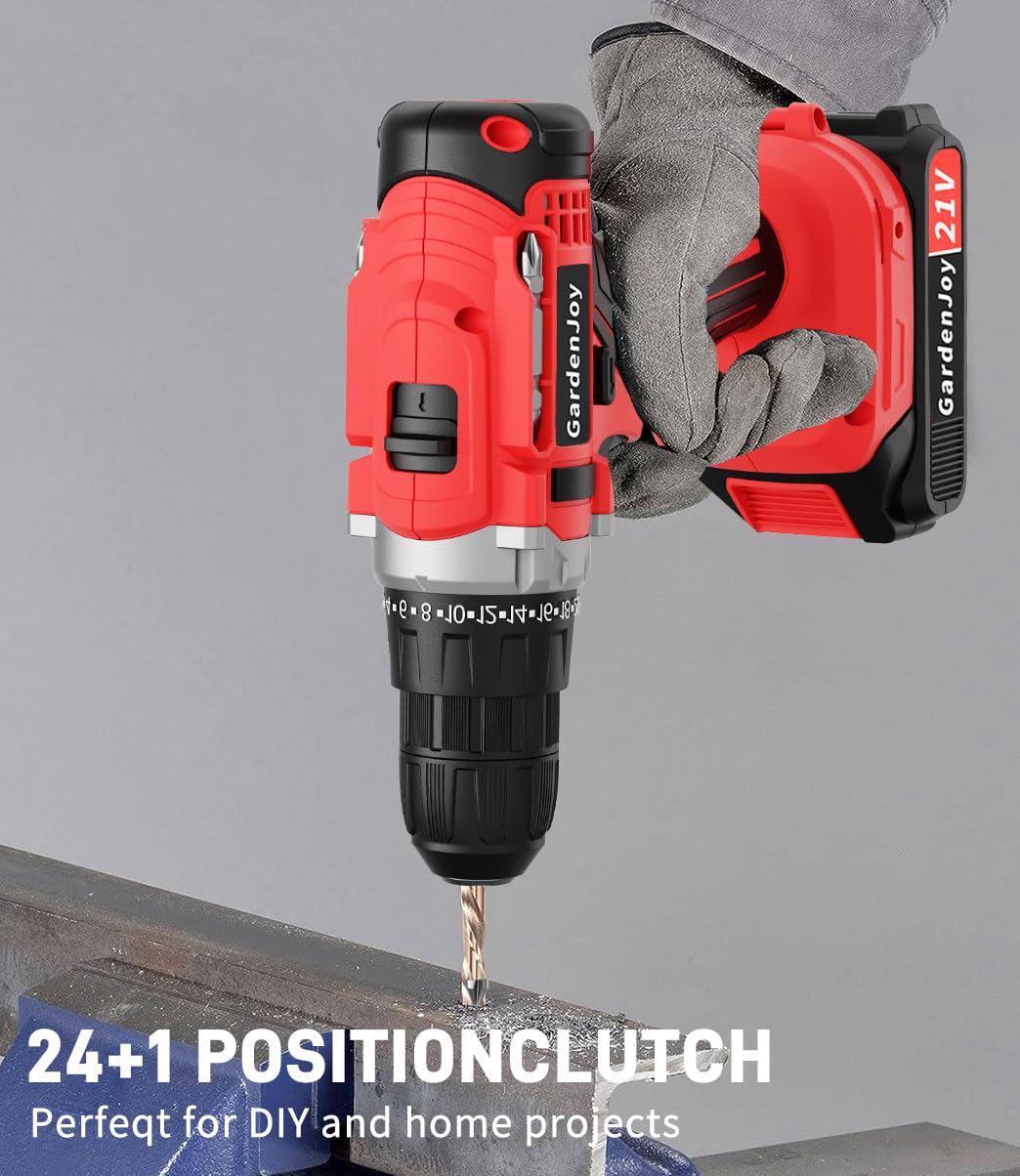 **21V Cordless Power Drill Set - GardenJoy Electric Drill Driver Kit with Battery & Fast Charger, 65pc Accessories, 2-Speed Control, 3/8