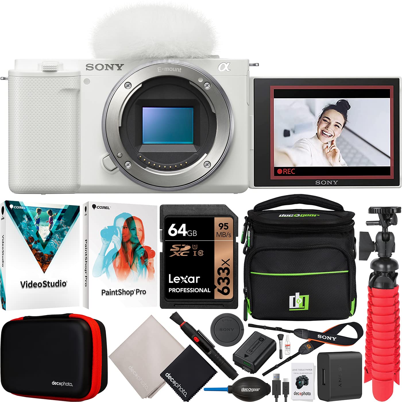 Sony ZV-E10 Mirrorless Alpha APS-C Vlog Camera with Interchangeable Lens (White) - Bundle Includes Deco Gear Case, Photo/Video Software, Tripod & Accessories Kit - Perfect for YouTube Vlogging, Travel Photography & Content Creation