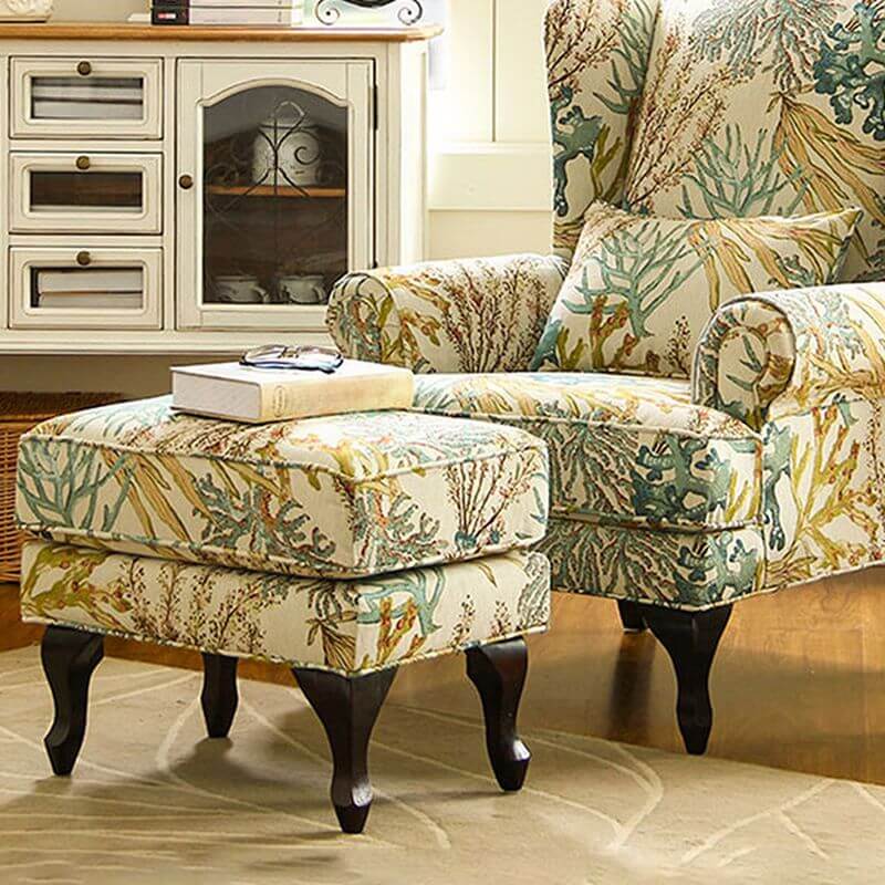 Tropical Yellow Blue Floral Toile Pattern Foam Accent Chair with Fixed Back, Arms and Pillow - Perfect for Living Room, Bedroom or Office Decor