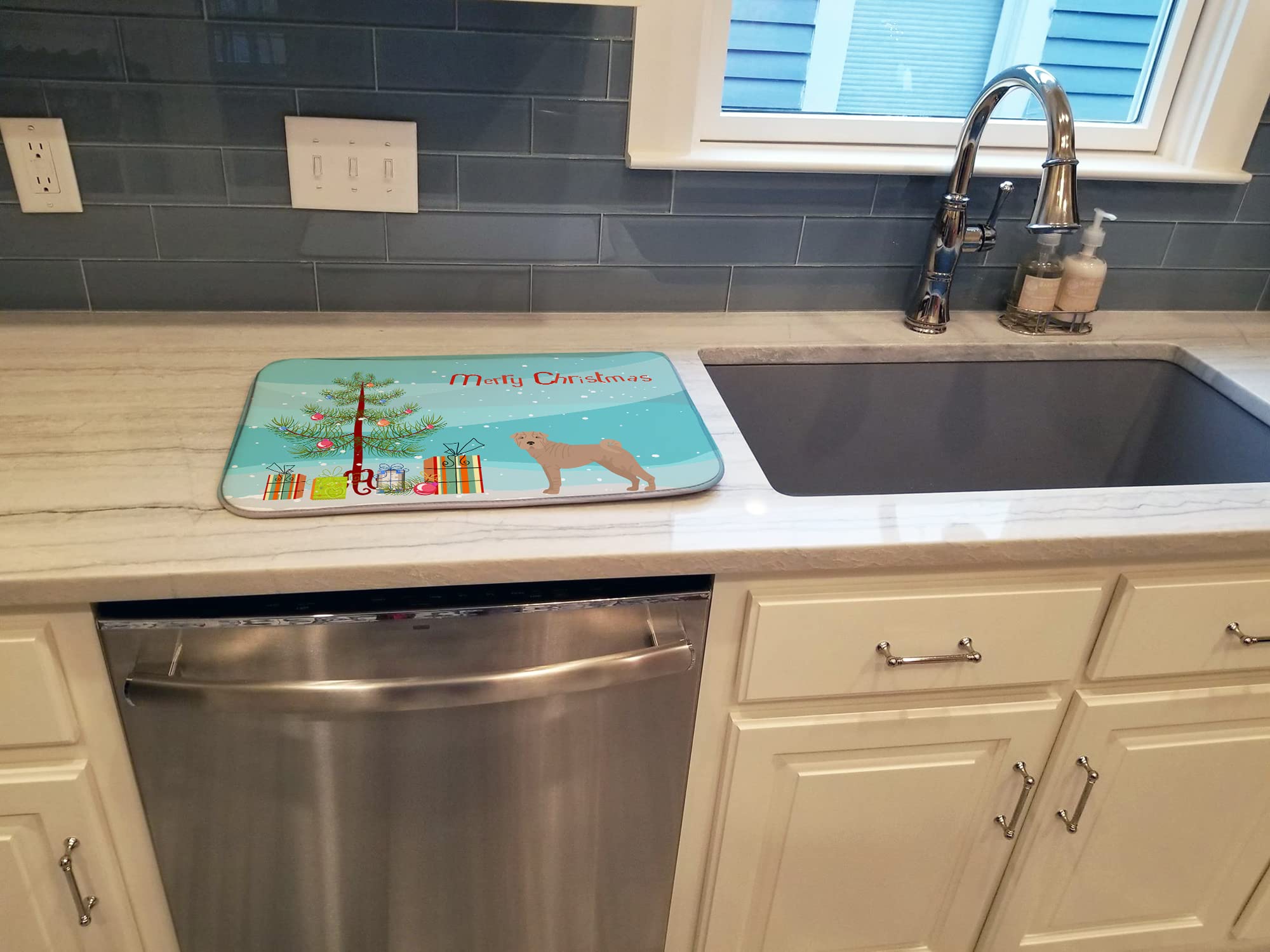 Shar Pei Christmas Dish Drying Mat - Absorbent Kitchen Counter Pad 14x21