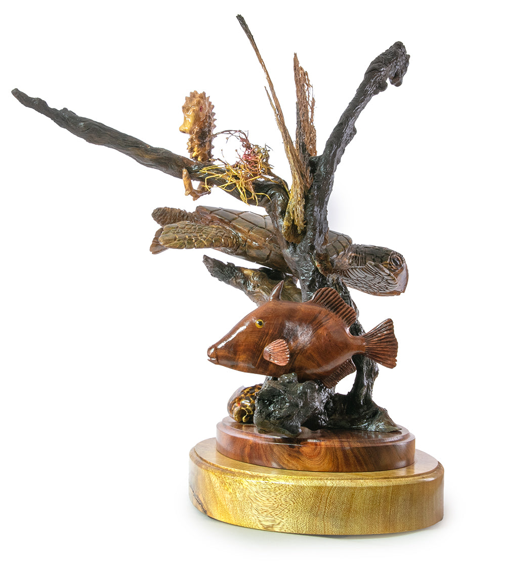 Handcrafted Koa Wood Sculpture - Reef Explorer by Craig Nichols | Unique Hawaiian Art, Home Decor & Office Gift for Nature Lovers