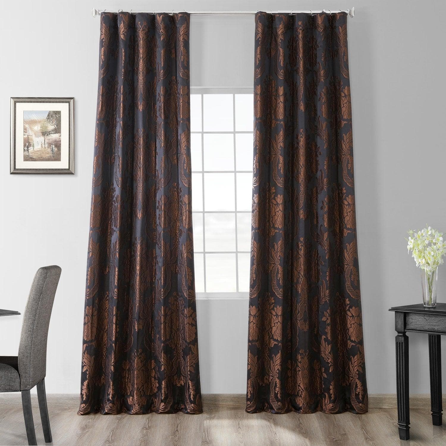 Magdelena Black & Copper Damask Faux Silk Jacquard Blackout Curtains for Bedroom & Living Room - Elegant Light Blocking Window Drapes for Home Decor