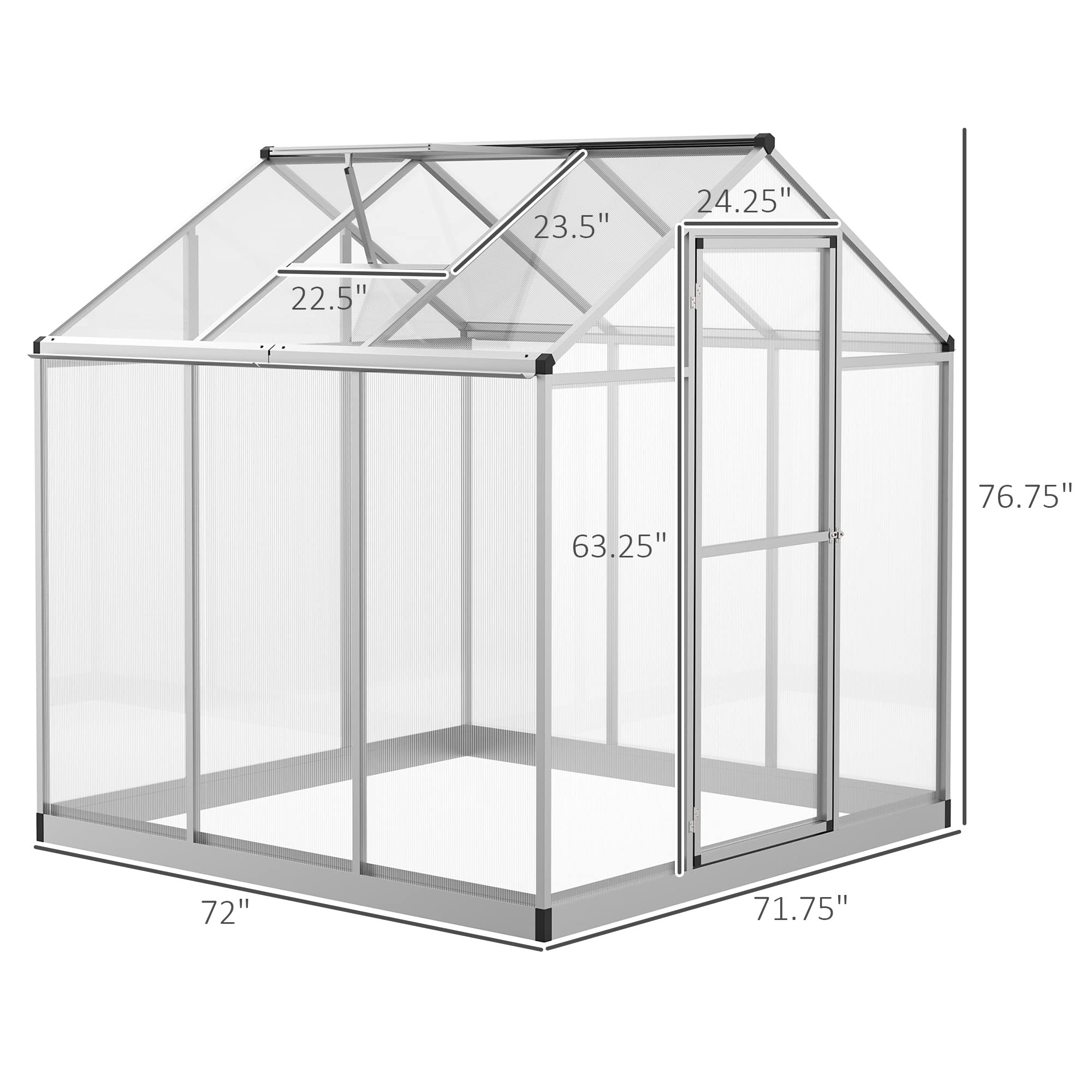 Outsunny 6x6 FT Polycarbonate Greenhouse with Rain Gutter & Roof Vent - Aluminum Walk-in Garden Greenhouse for Outdoor Patio, Backyard, Balcony - Perfect for Growing Vegetables, Herbs & Flowers Year-Round