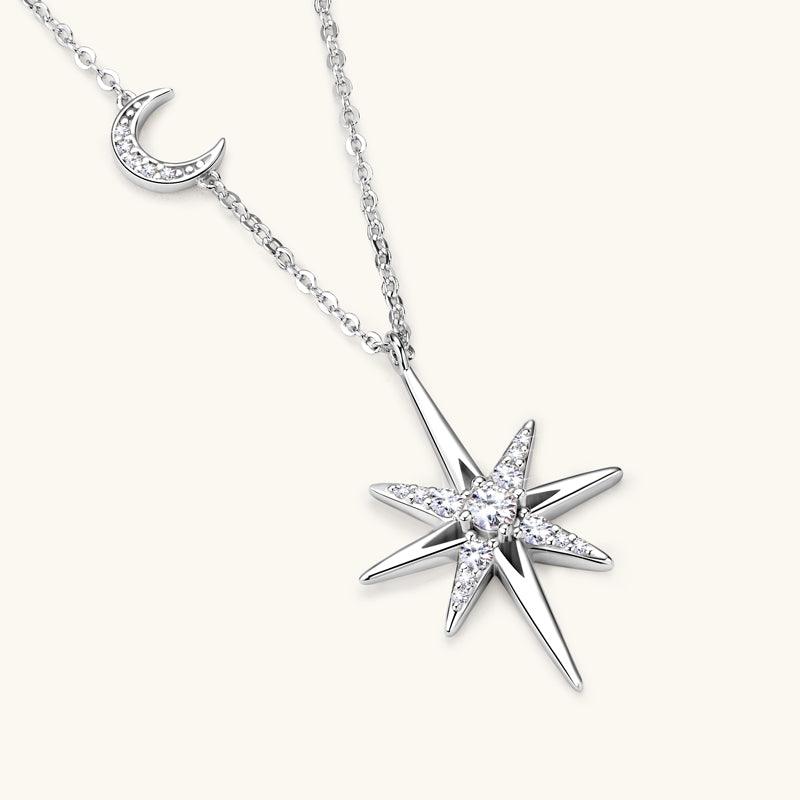 Star & Moon Premium Moissanite Pendant Necklace for Women - 925 Sterling Silver Jewelry Gift for Birthday, Anniversary & Valentine's Day - Elegant Everyday & Special Occasion Necklace