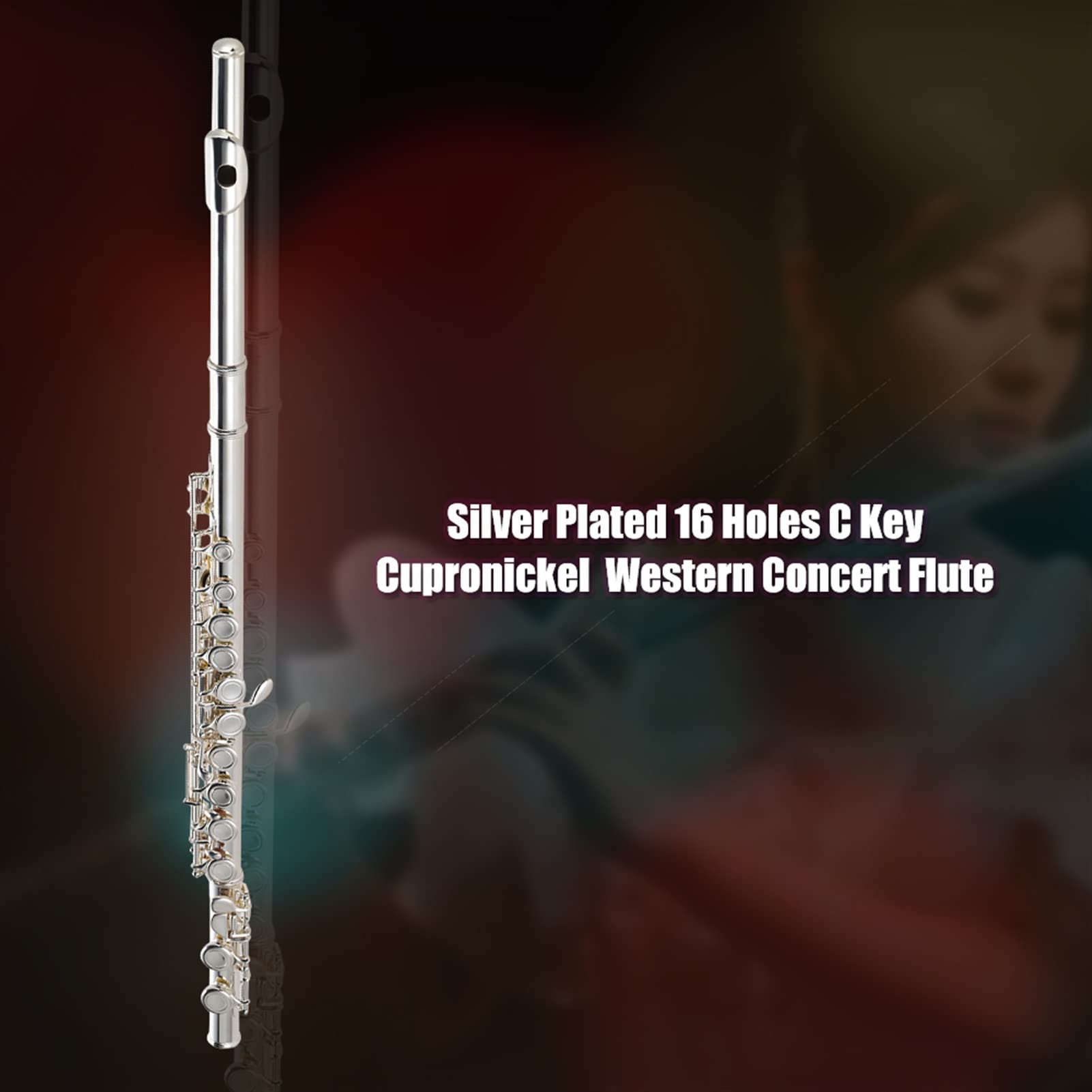 KLKL Silver Plated Cupronickel 16-Hole Closed Hole Concert Flute with Carrying Case - Beginner & Student Wind Instrument for School Band, Music Class & Performance Practice